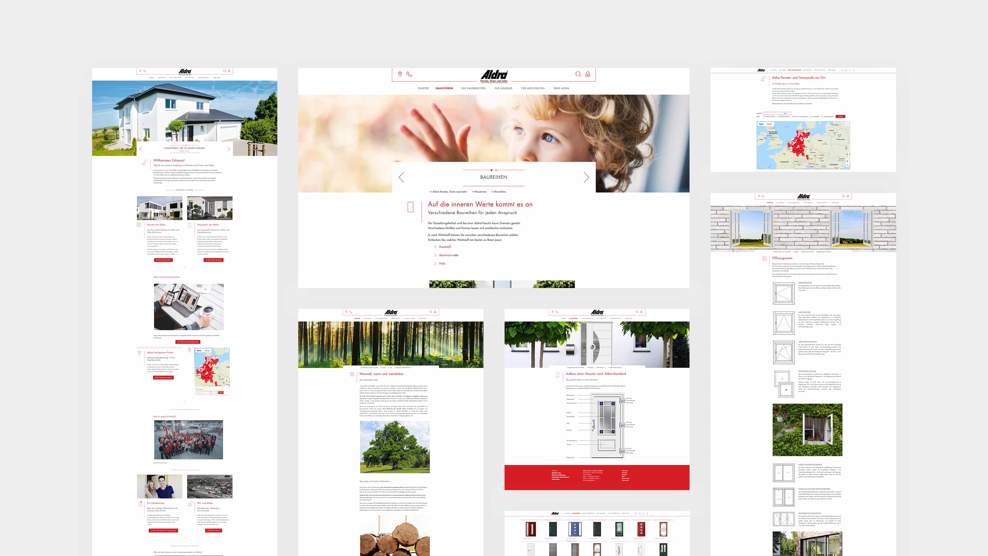 Mehrere Screenshots der Seite aldra.de zeigen Start- und Unterseiten in weiß mit roten Überschriften und Bildern von Türen und Häusern
