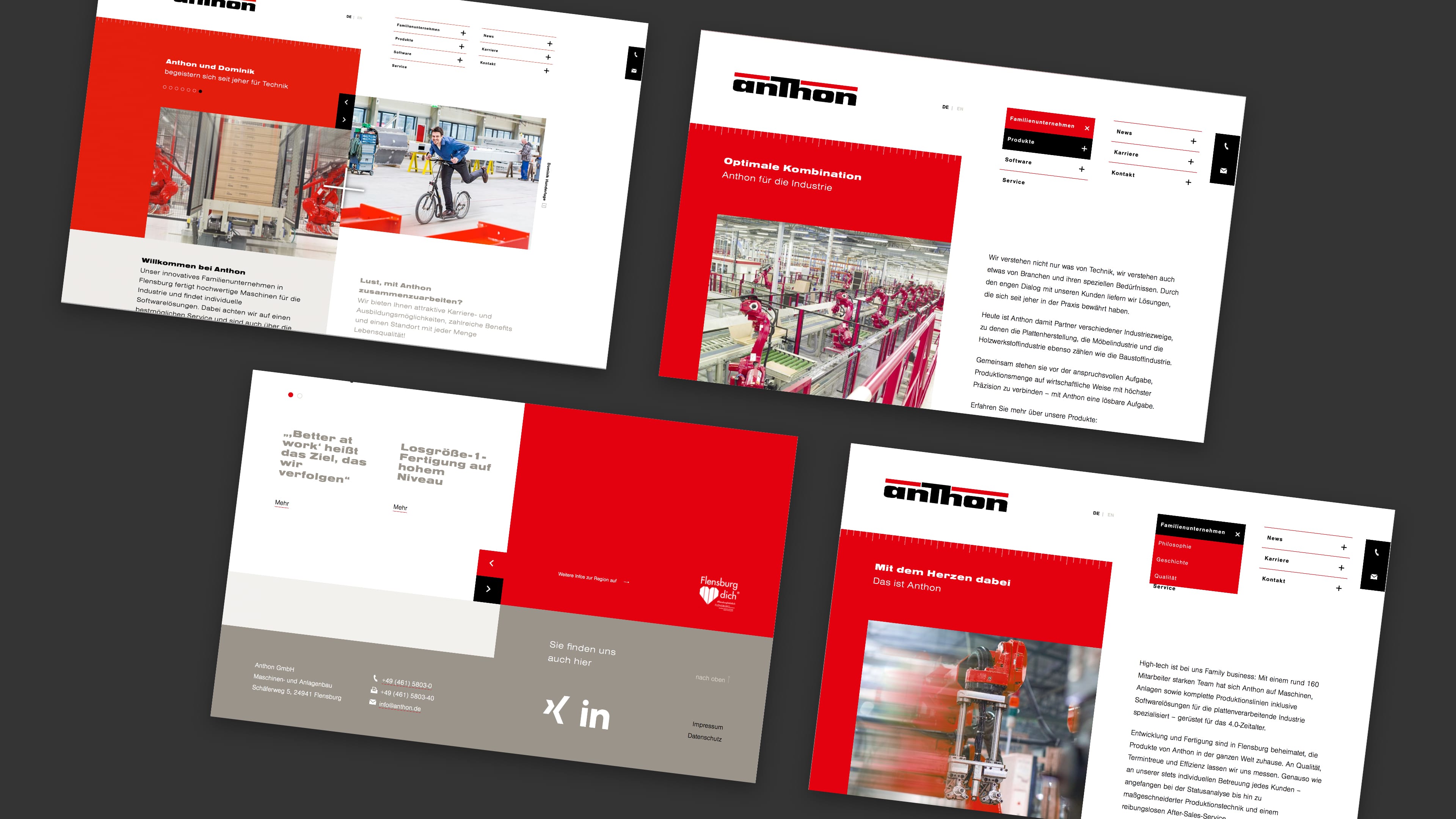 Collage von vier Ansichten der rot-weißen Website der Anthon GmbH