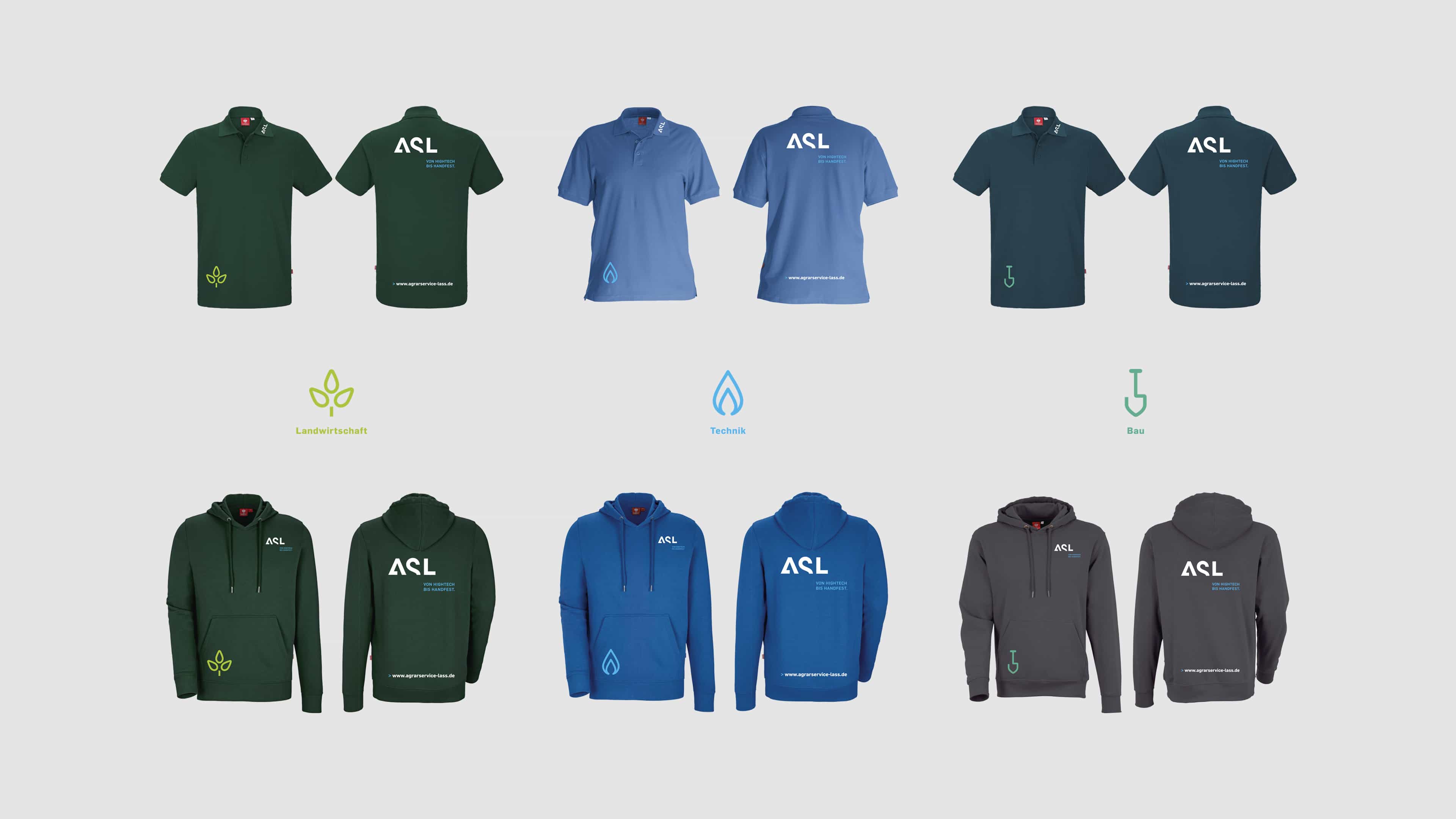 Collage von grünen und blauen Poloshirts und Hoodies mit ASL-Logo