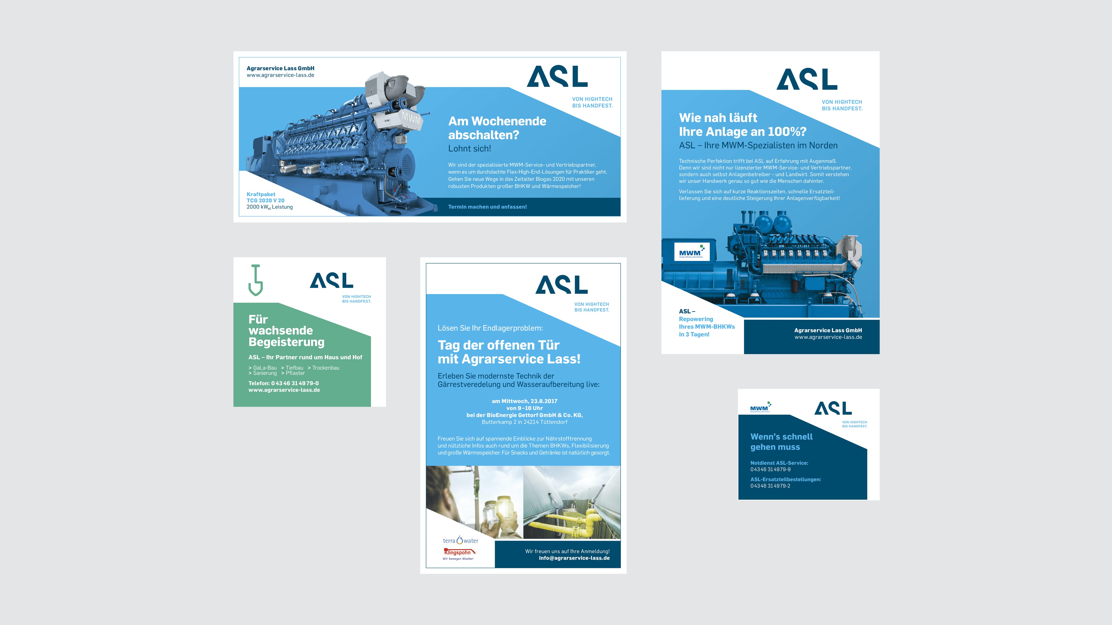 Collage mehrerer Anzeigen in blau für die Firma ASL