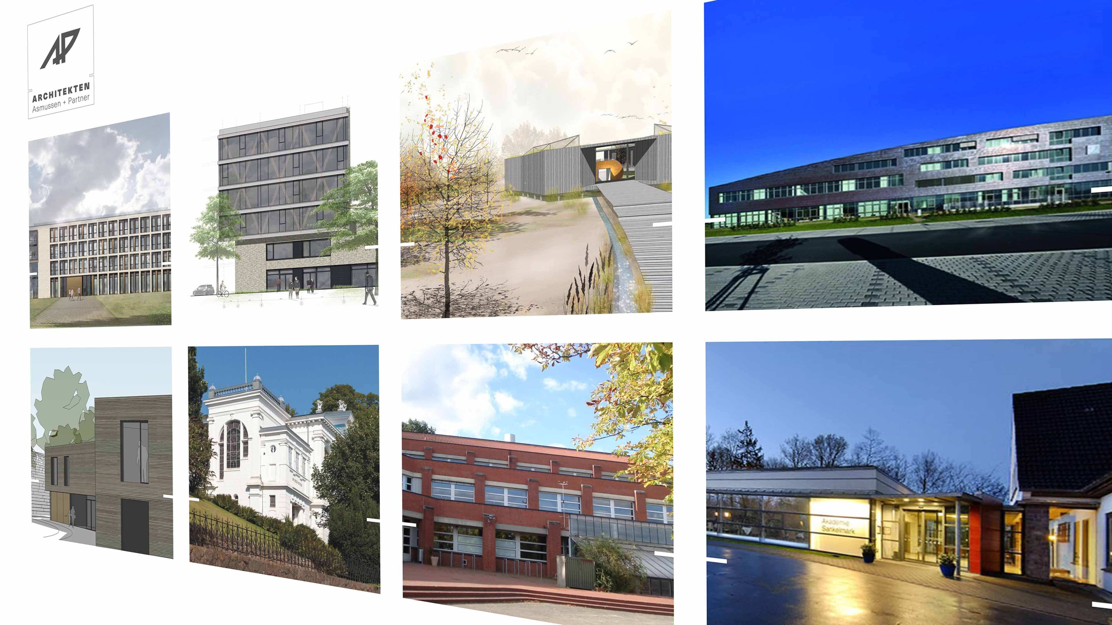 Collage mehrerer Fotos von modernen öffentlichen Bauten und dem AP-Logo für Asmussen und Partner