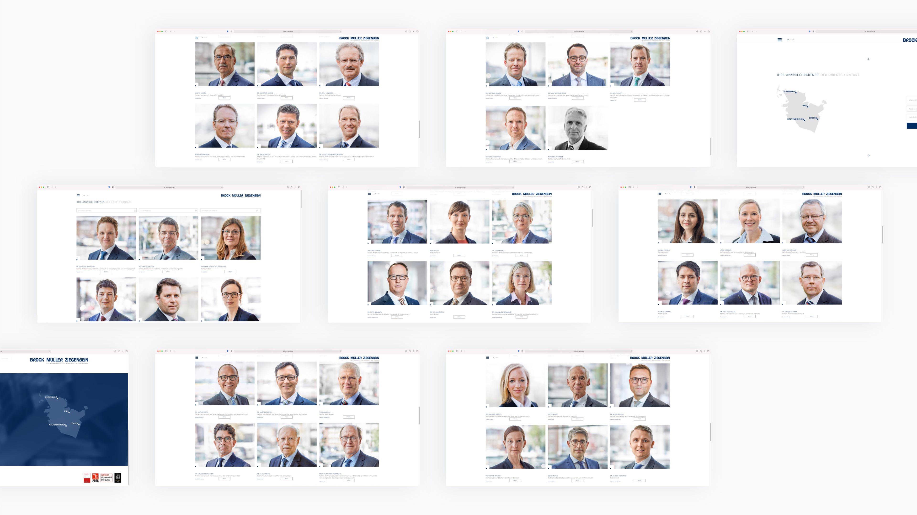 Collage mehrerer Screenshots der Website bmz-recht.de, die Mitarbeiterfotos zeigen 