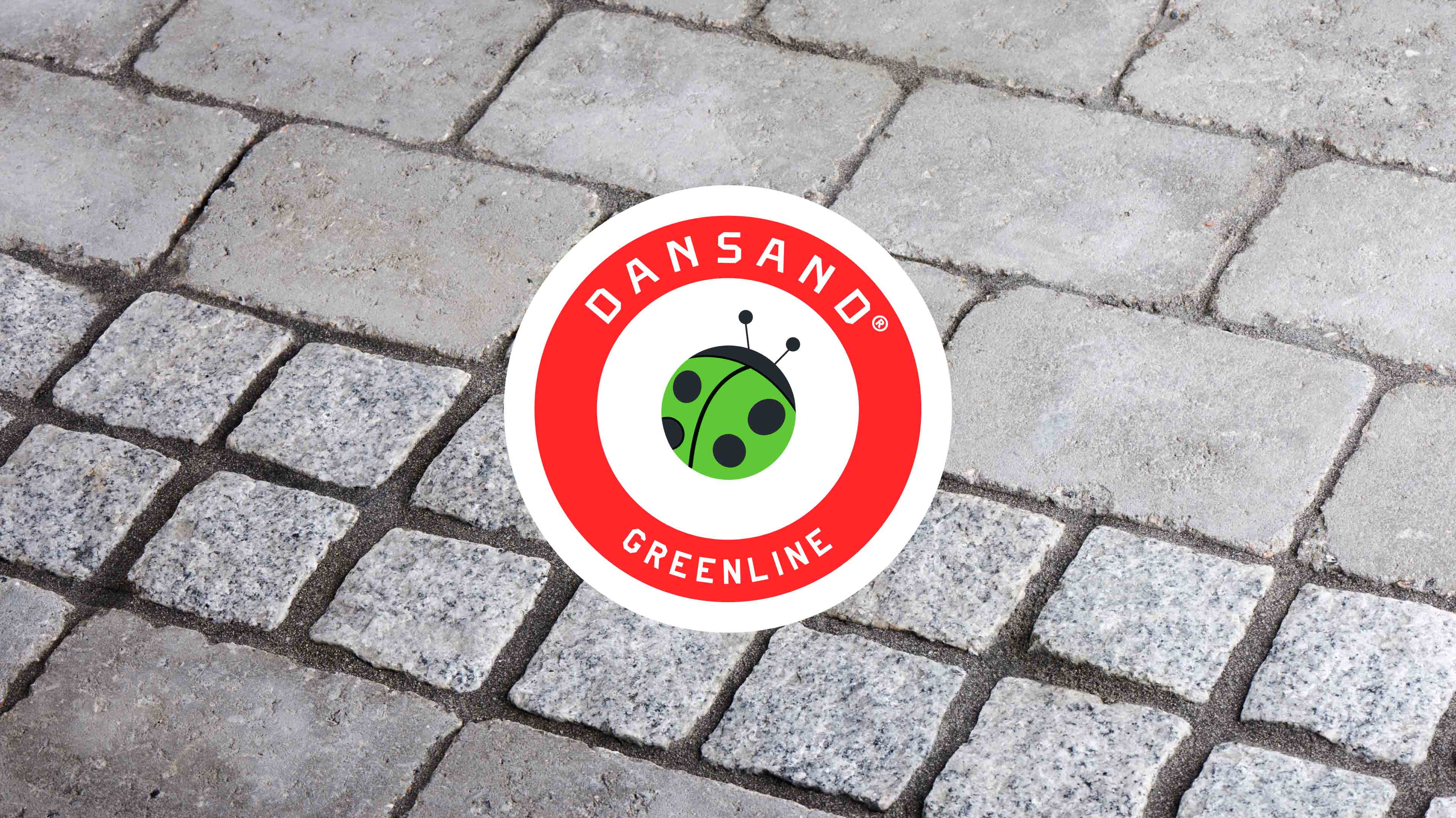 Pflastersteine im Hintergrund; rundes, rotes DANSAND-Logo mit grünem Käfer im Vordergrund