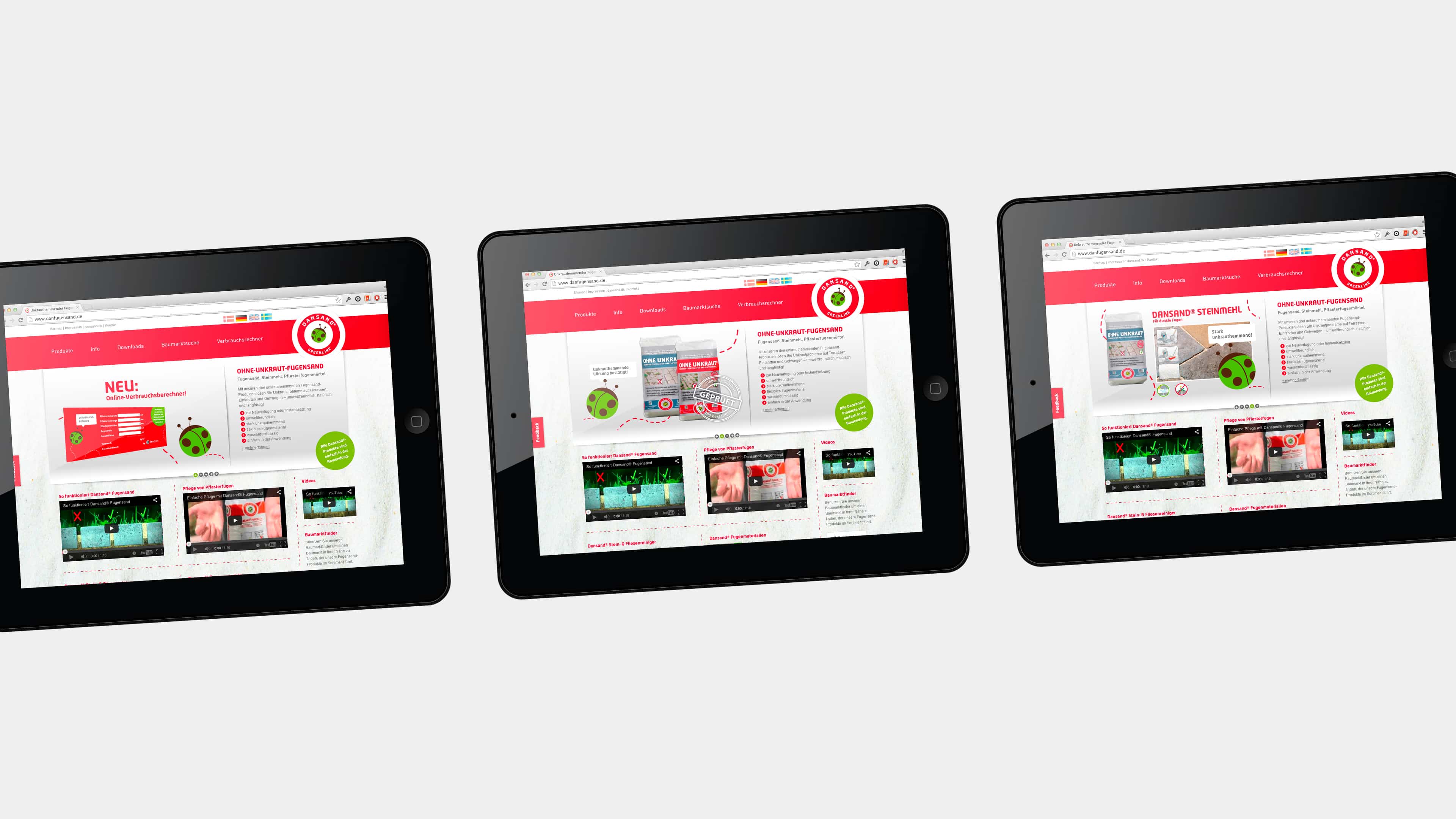 Drei Tablets zeigen rot-weiße Website mit Videos für DANSAND