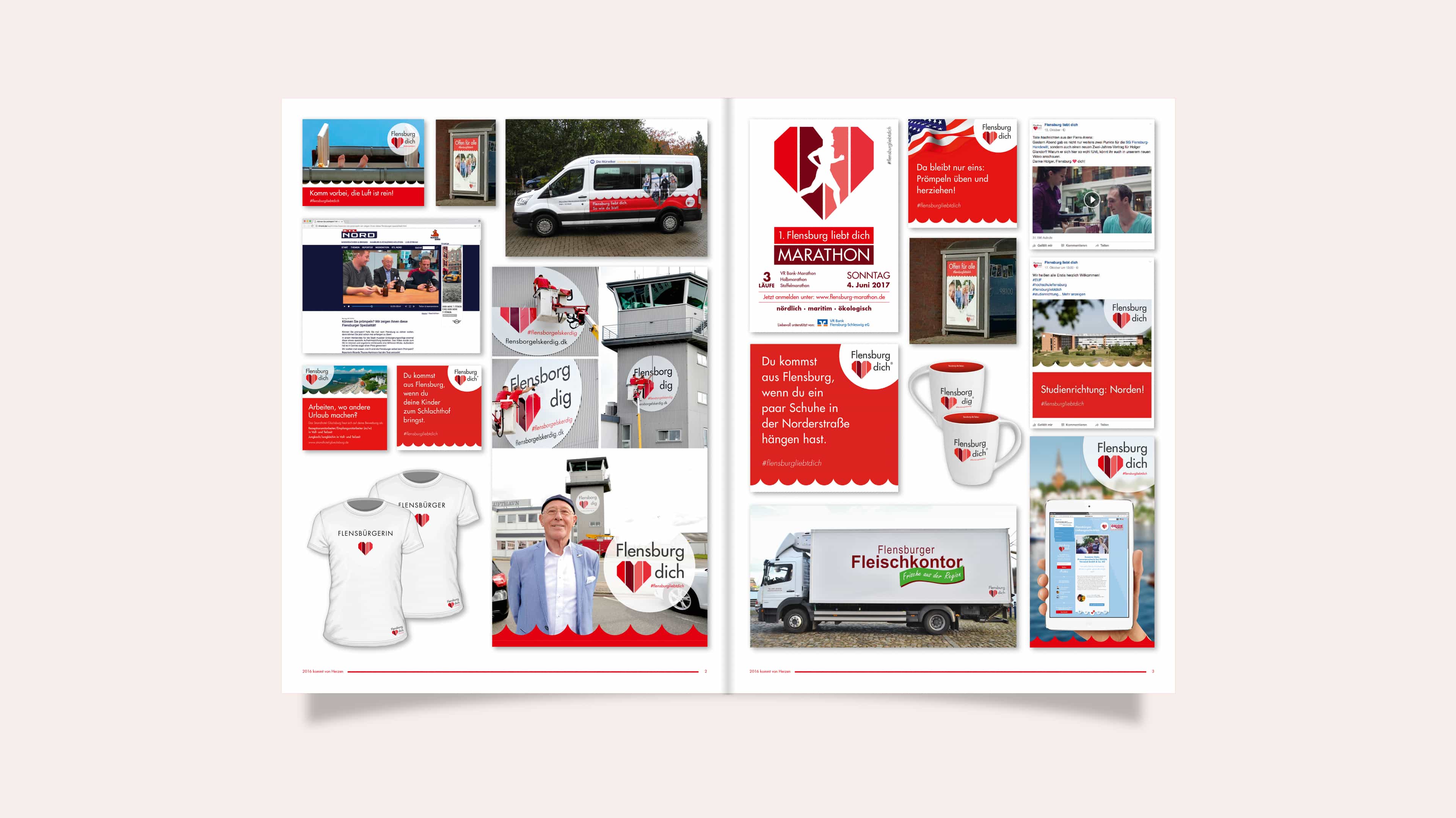 Doppelseite des Geschäftsberichtes von "Flensburg liebt dich" mit vielen roten Anzeigen und Werbeartikeln