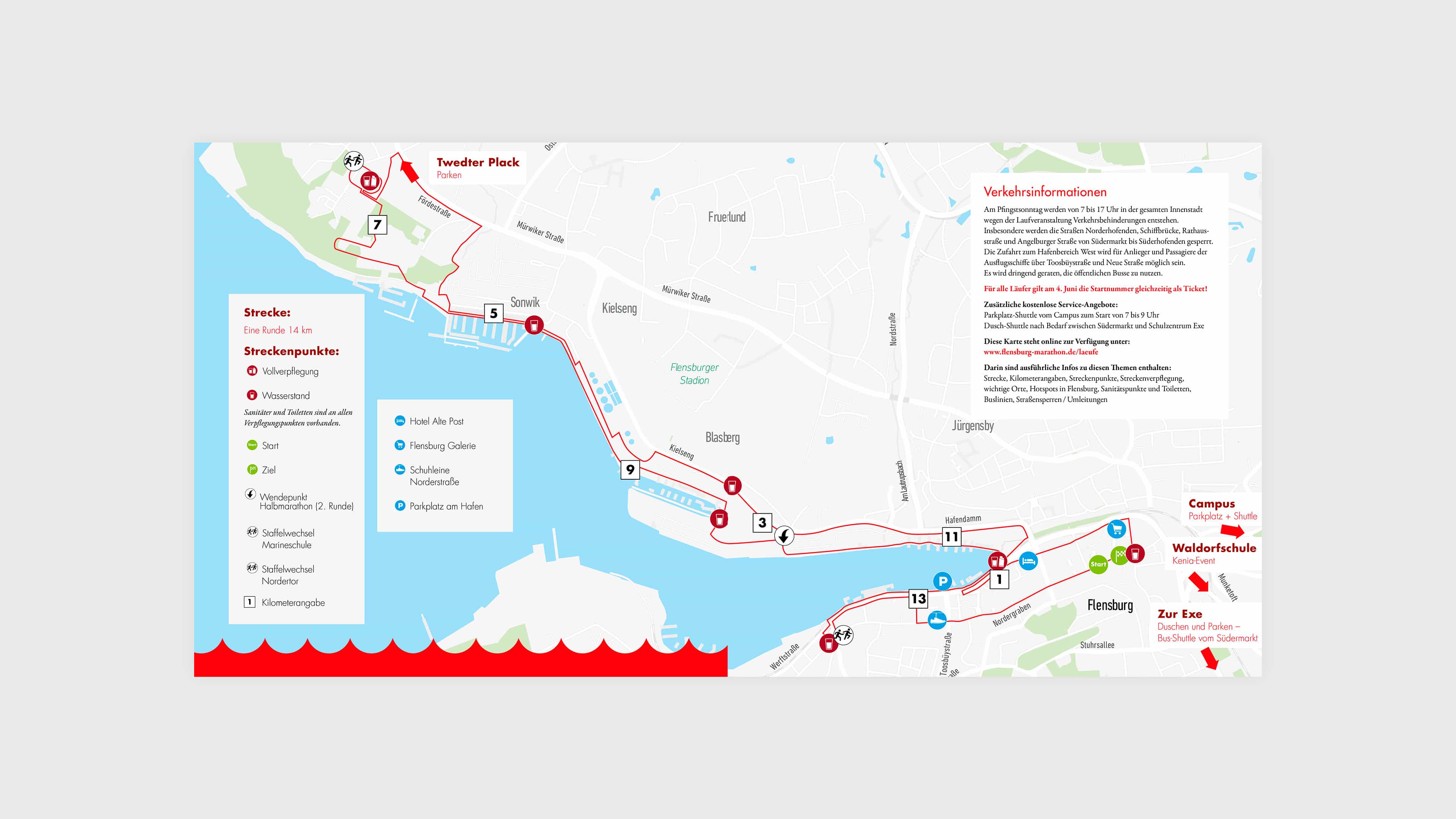 Karte der Laufstrecke des Flensburg liebt dich Marathons vom Südermarkt über Hafenspitze nach Sonwik und zurück