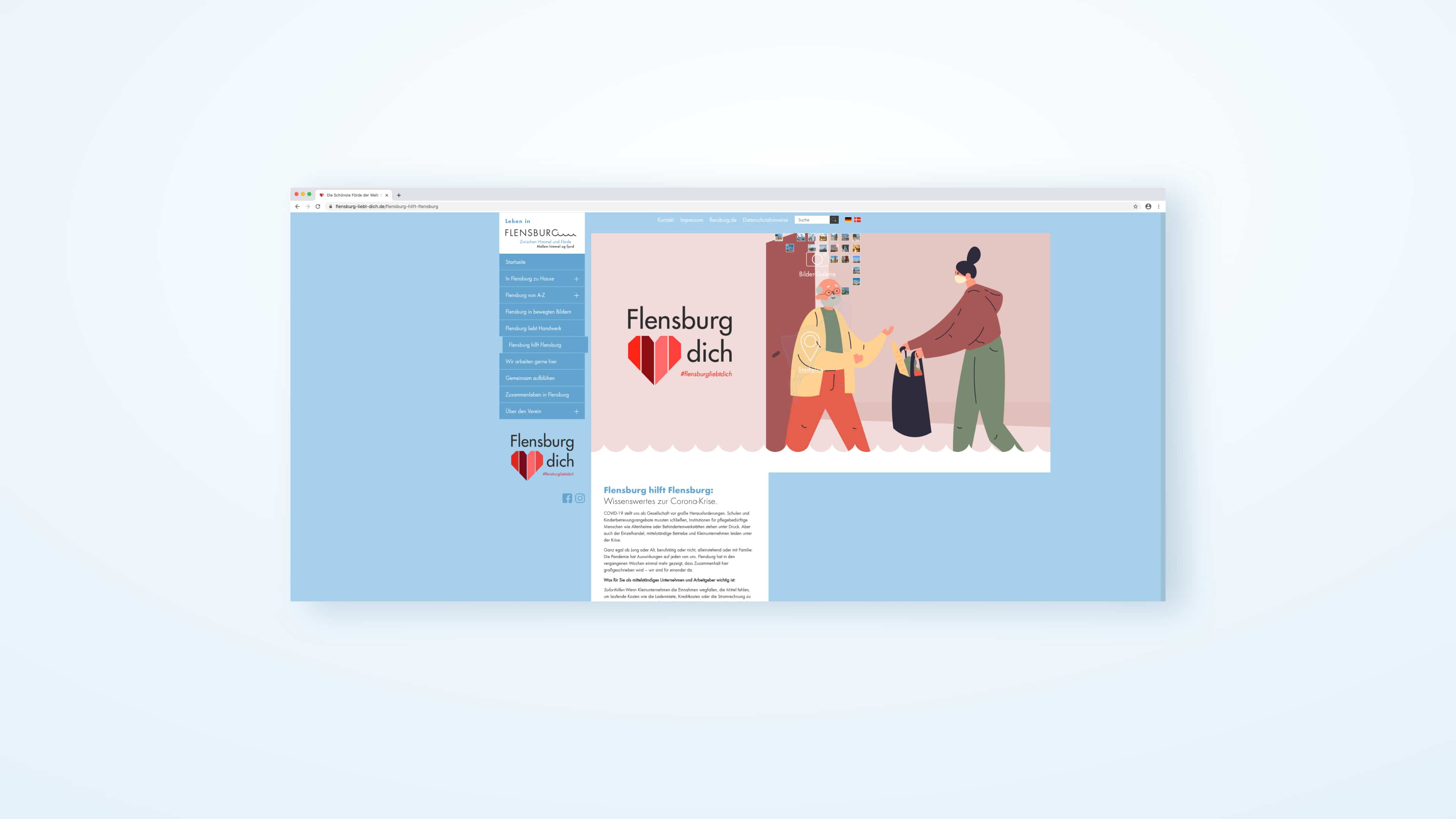 Sehr schmale Ansicht der hellblauen Website flensburg-liebt-dich.de mit Illustration von zwei Personen bei der Corona-Nachbarschaftshilfe