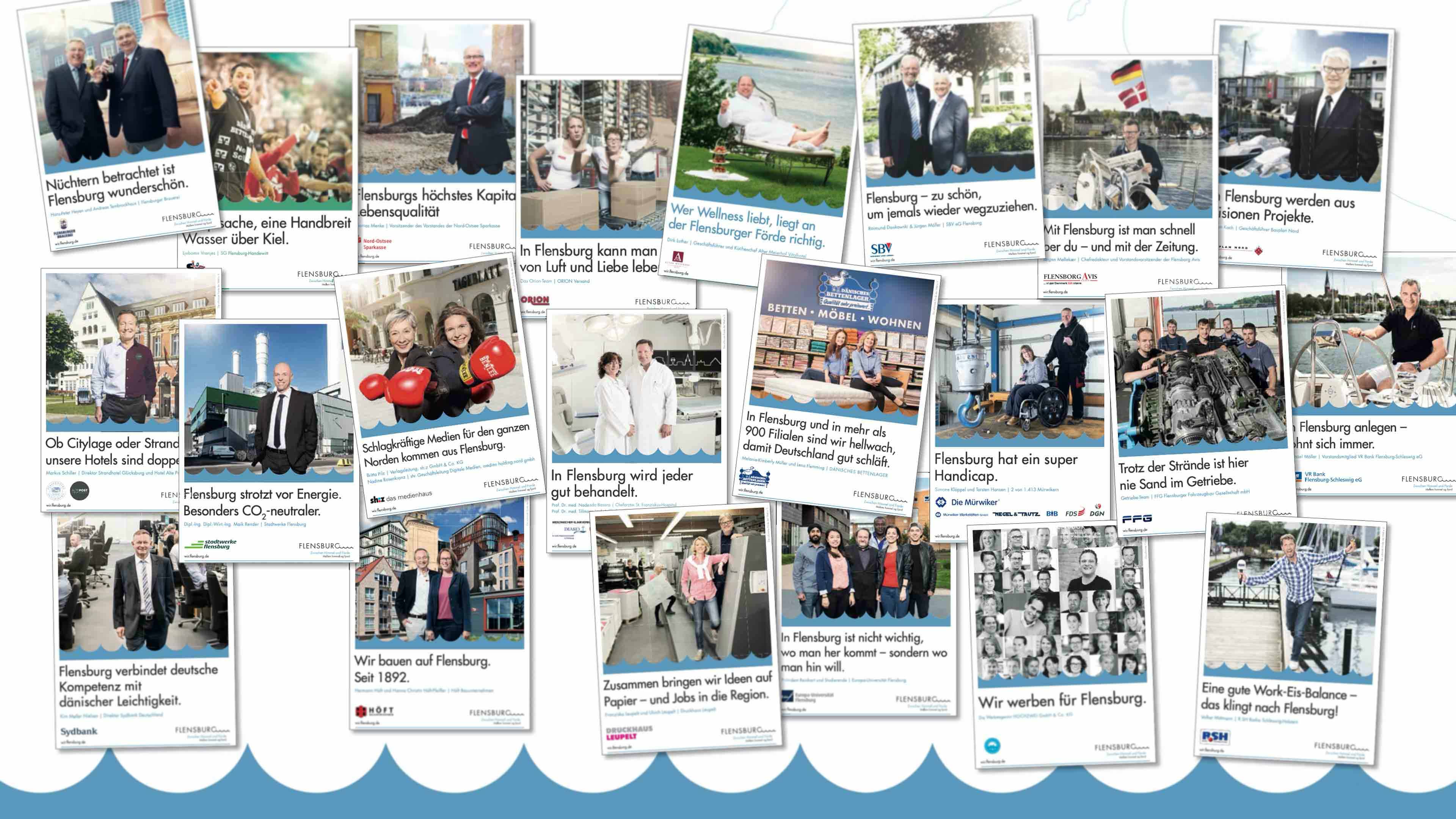 Collage von 22 Flensburg-Kampagnenbildern mit Personenfotos, Firmen- und Flensburglogo und Texten