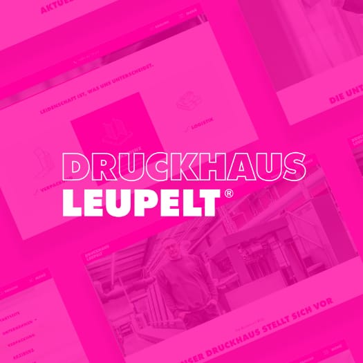 Weiße Blockbuchstaben "Druckhaus Leupelt" vor pink-transparentem Hintergrund