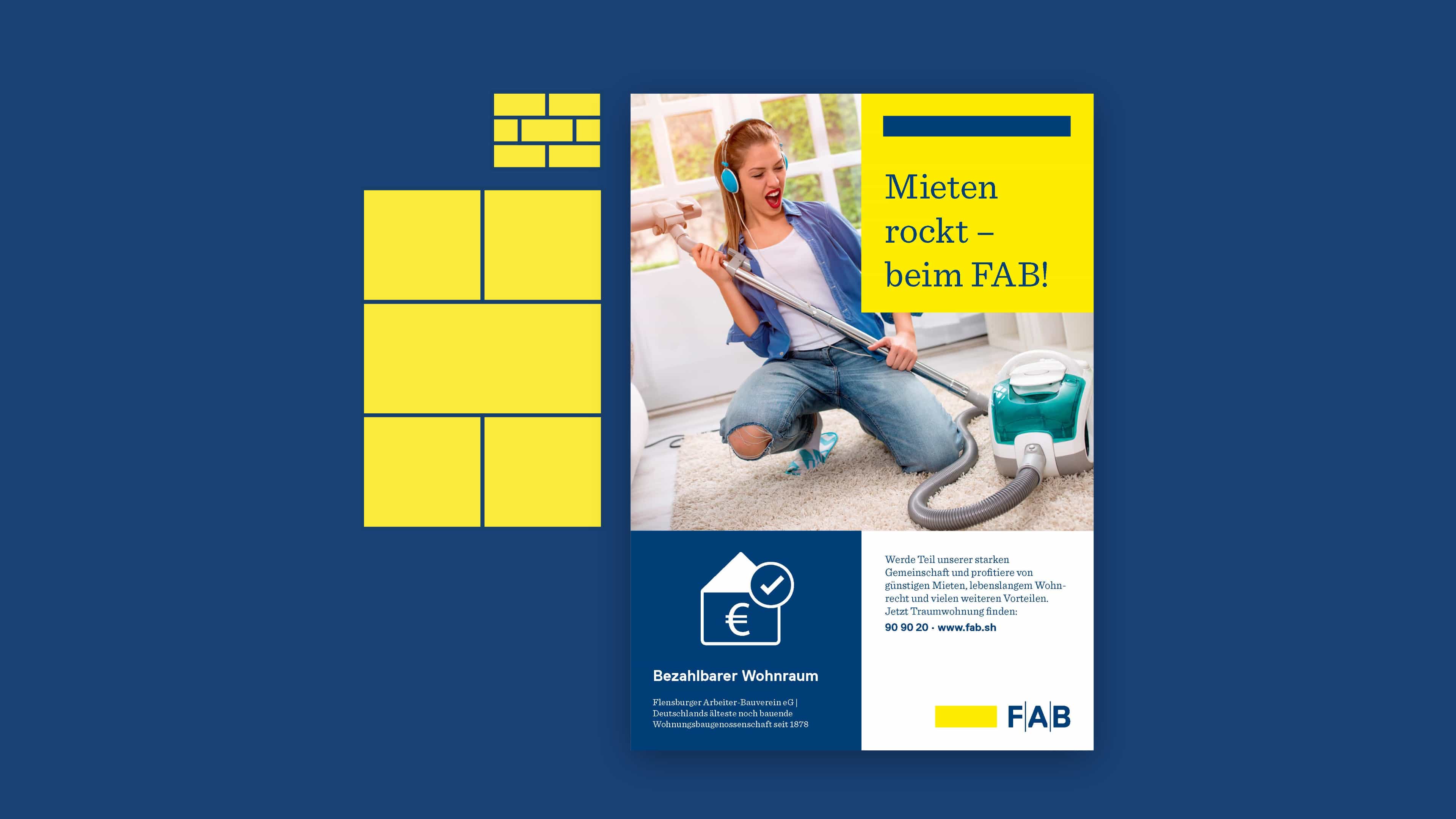 Blau-gelbe Anzeige für FAB zeigt Frau, die Luftgitarre mit Staubsauger macht: "Mieten rockt – beim FAB