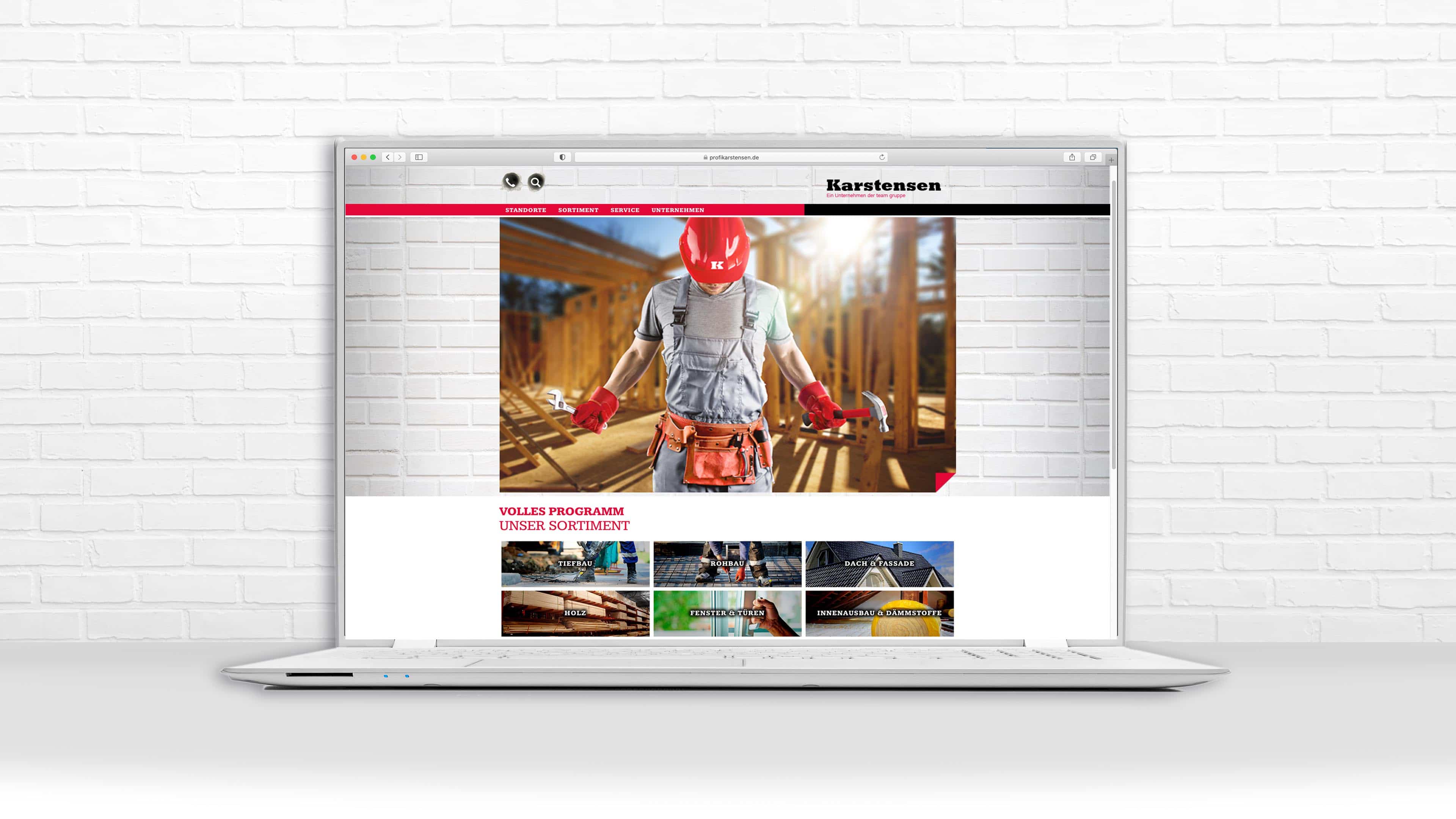 Homepage des Karstensen Baufachmarkt in desktop Ansicht