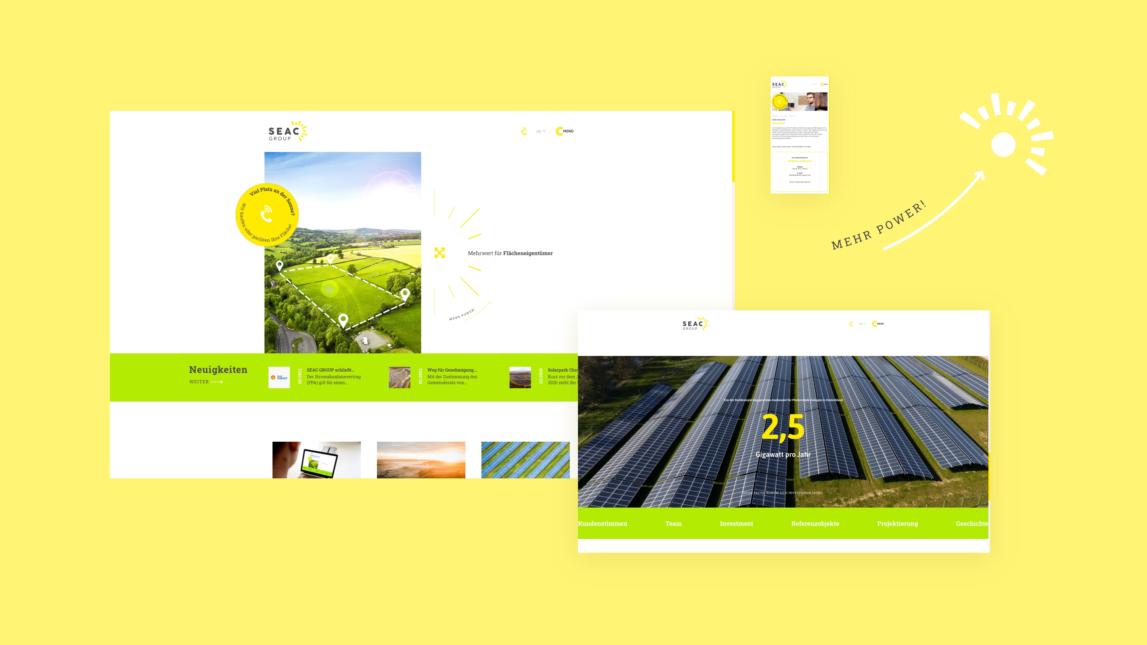 Zwei Seac Homepage Ausschnitte in gelben Farben