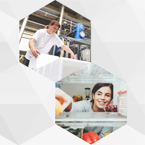 Zwei Fotos: Eine Mitarbeiterin arbeitet, eine Frau blickt in den Kühlschrank