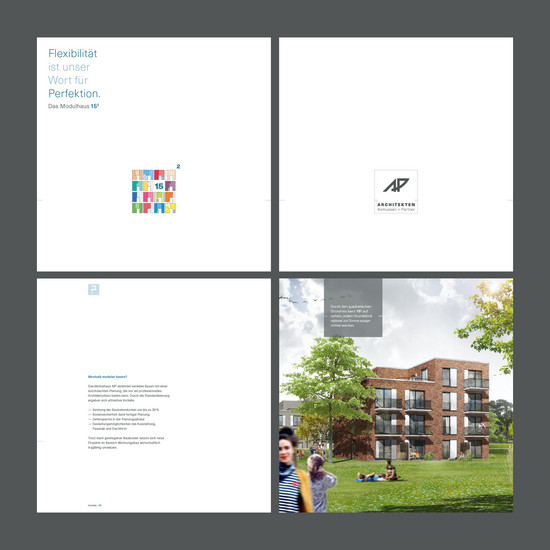 Vier Seiten der quadratischen Broschüre für Architekten Asmussen + Partner