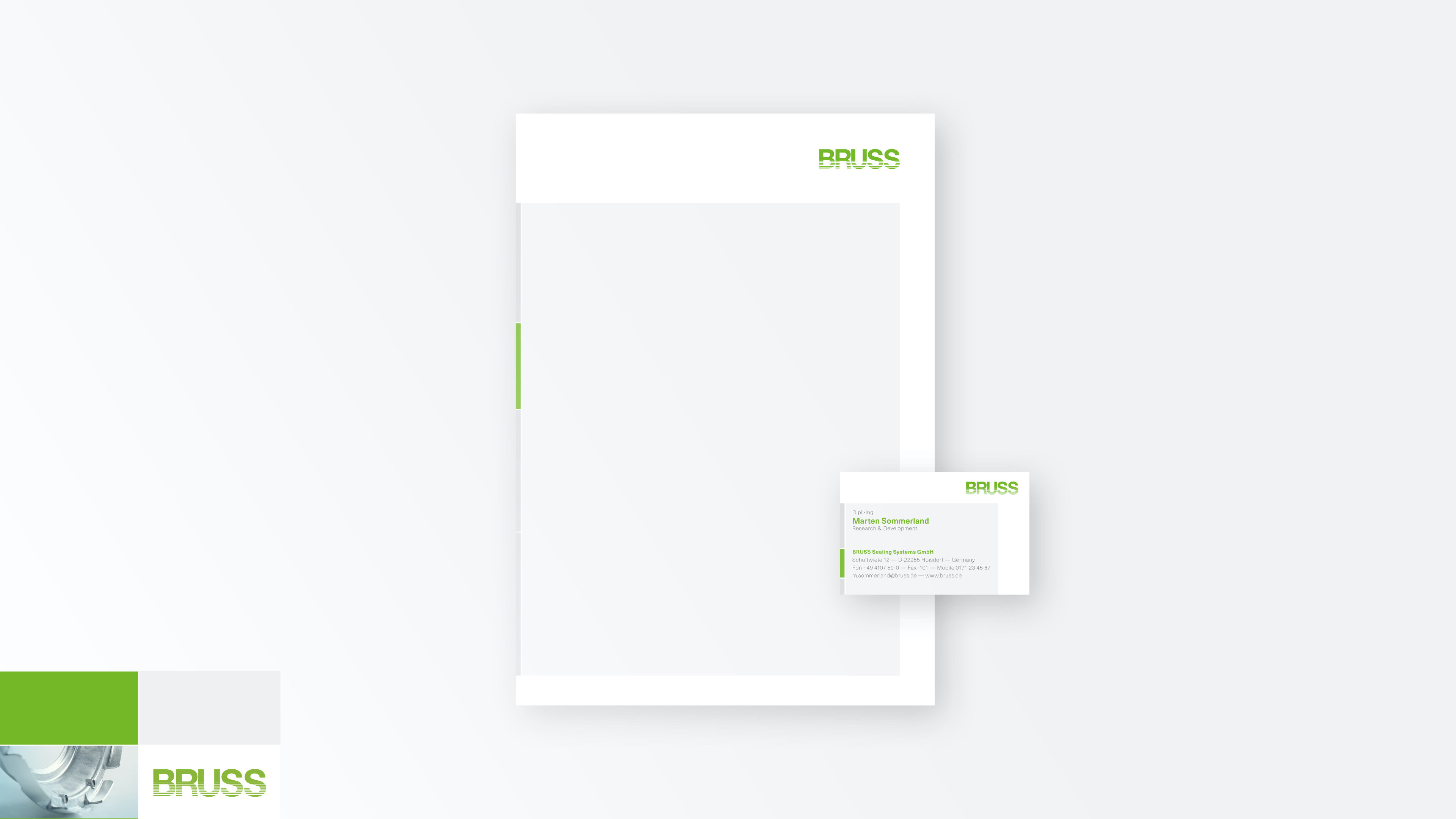 Briefpapier und Visitenkarte mit grünem BRUSS-Logo