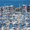 Blick auf den Sonwiker Bootshafen mit Ferienhäusern auf dem Wasser