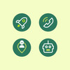Vier runde dunkelgrüne Icons hellgrünem Hintergrund: Rakete, Telefon, Verortung, Roboterkopf