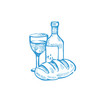 Blaue Illustration von einer Weinflasche, Weinglas und Brotlaib