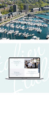 Yachthafen Sonwik aus Vogelperspektive auf dem oberen Bild sowie Laptop auf hellblauem Hintergrund mit Einblick in die Website auf dem Bildschirm