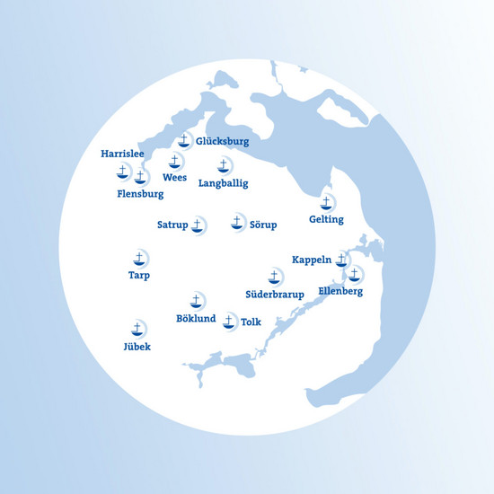 Stilisierte Weltkugel zeigt übergroß 15 Standorte des Diako Pflegenetzes.