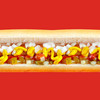 Mittelstück 4 eine Hotdogs mit Gurken- und Zwiebelwürfeln vor rotem Hintergrund