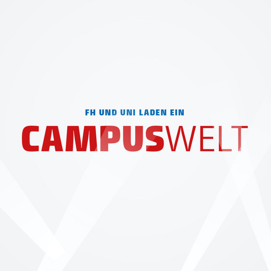 Blauer Text "FH und Uni laden ein", "Campuswelt" in großer roter Schrift