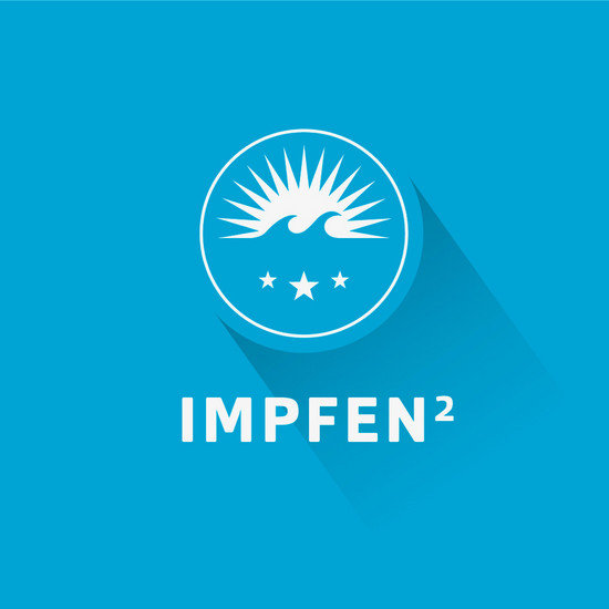 Blaue Kachel mit HOCHZWEI-Logo: Impfen²