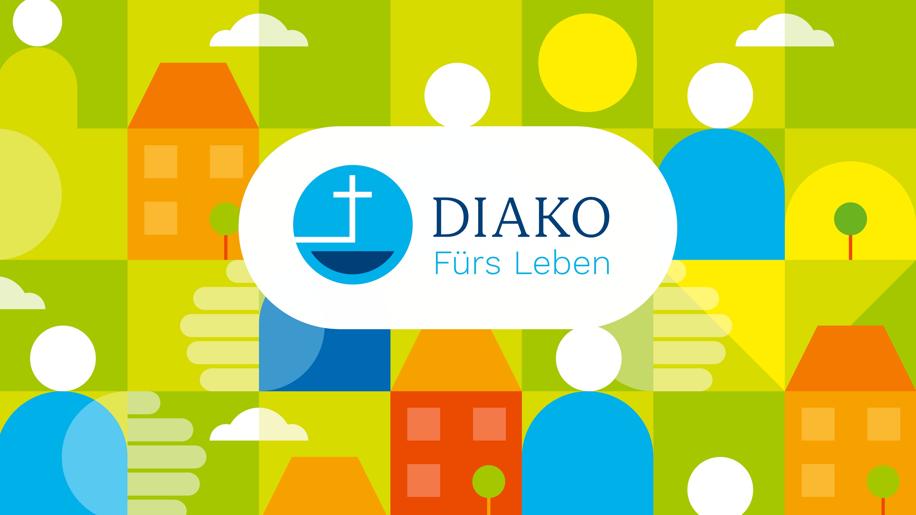 Bunte Grafik mit Personen-Figuren und Häusern und der Überschrift DIAKO fürs Leben
