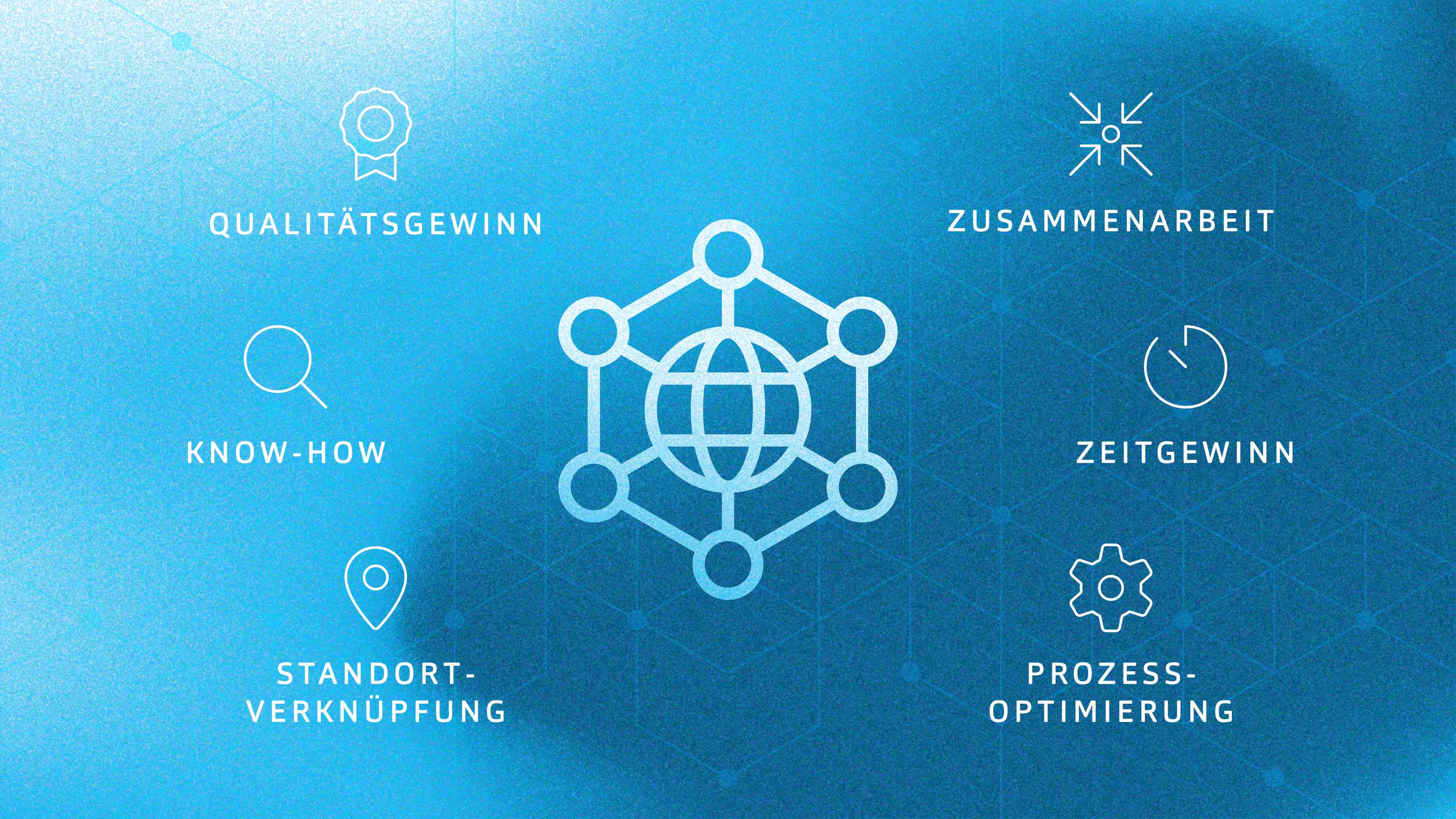 Vernetzte Weltkugel: Qualitätsgewinn, Zusammenarbeit, Know-how, Zeitgewinn, Standort-Verknüpfung, Prozessoptimierung