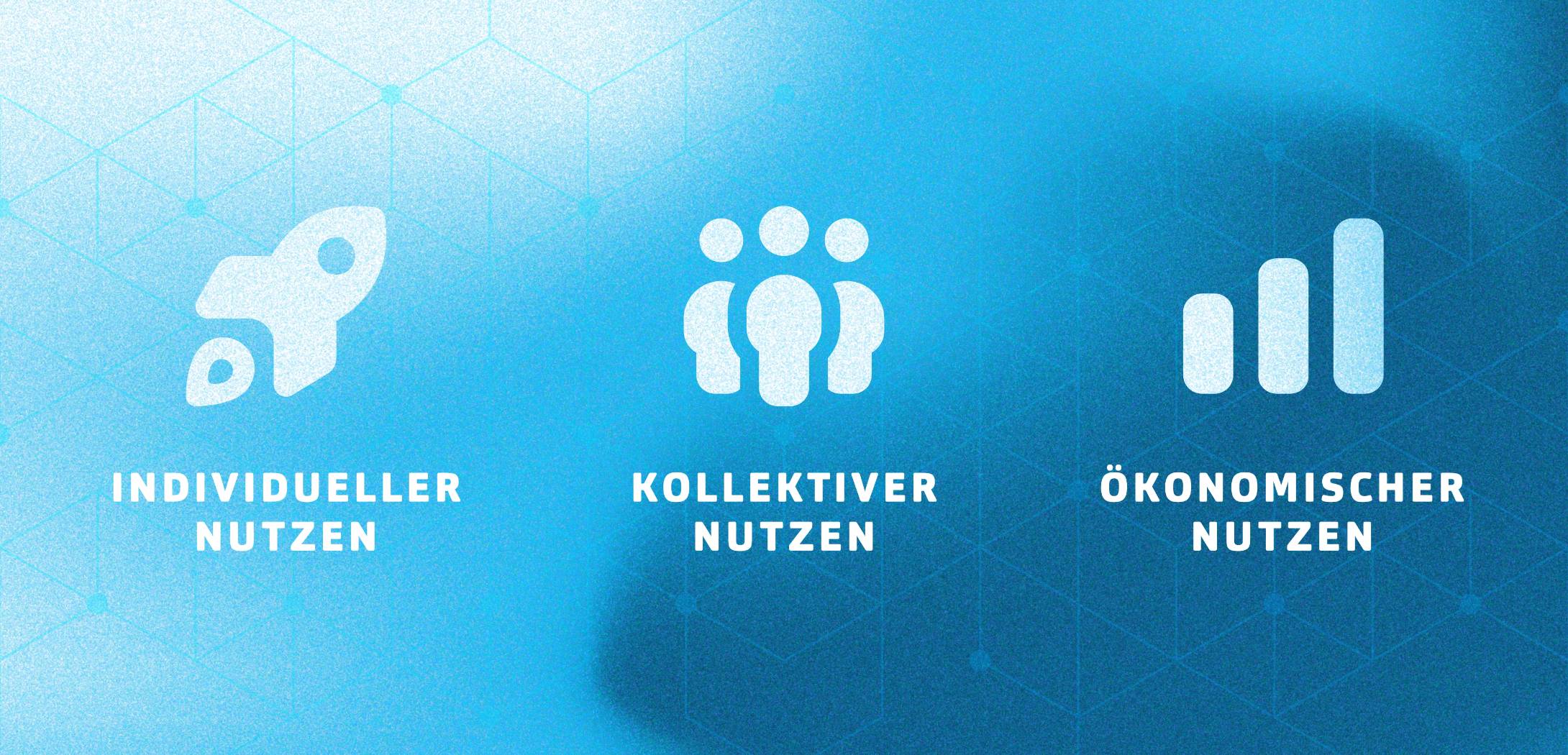Blaue Grafik, weiße Icons und Text: Individueller Nutzen, Kollektiver Nutzen, Ökonomischer Nutzen