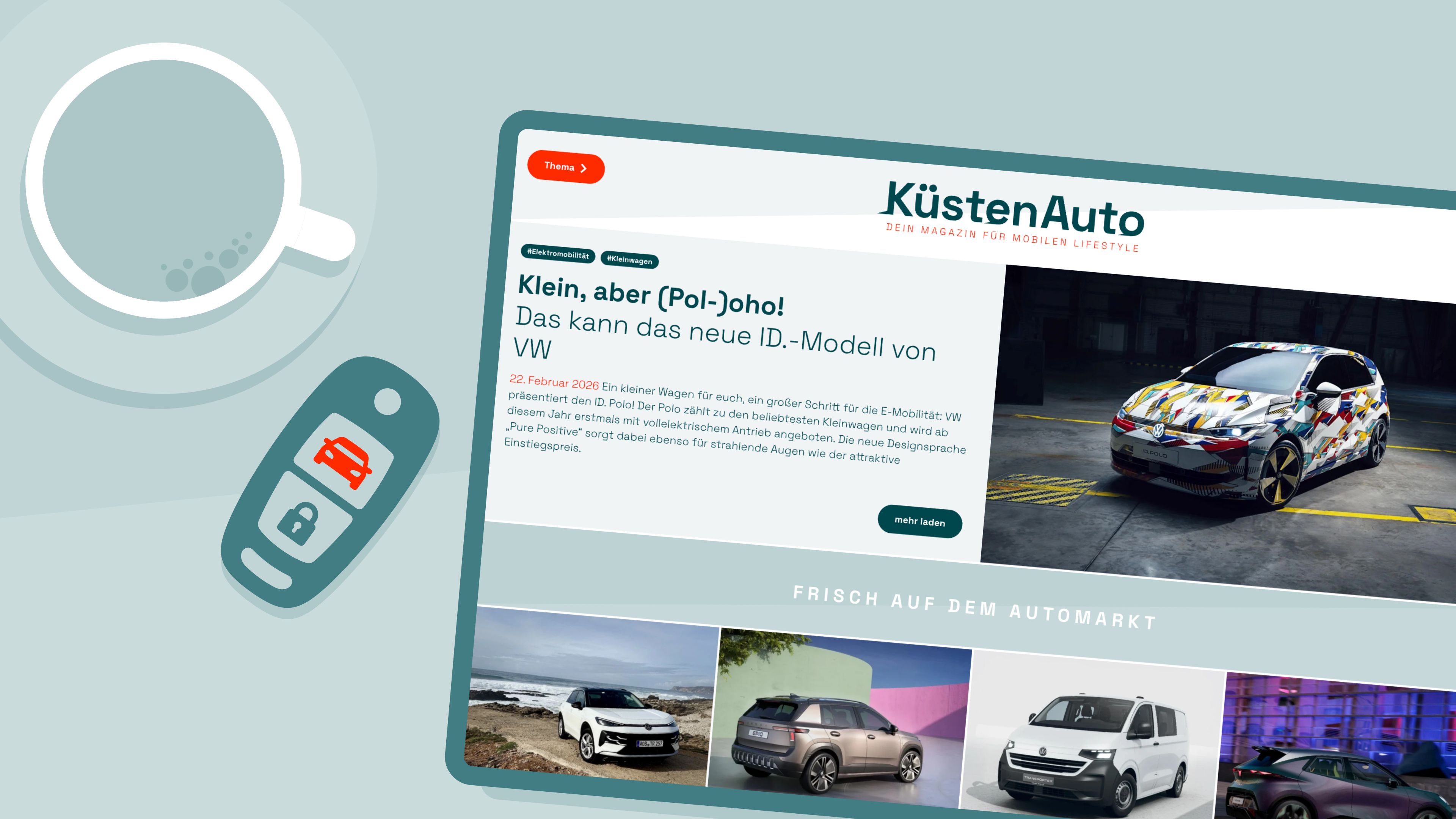 Screenshot der Küstenauto-Webseite auf einer Grafik eines Tabletts. Daneben eine Grafik eines Autoschlüssels und einer Kaffeetasse