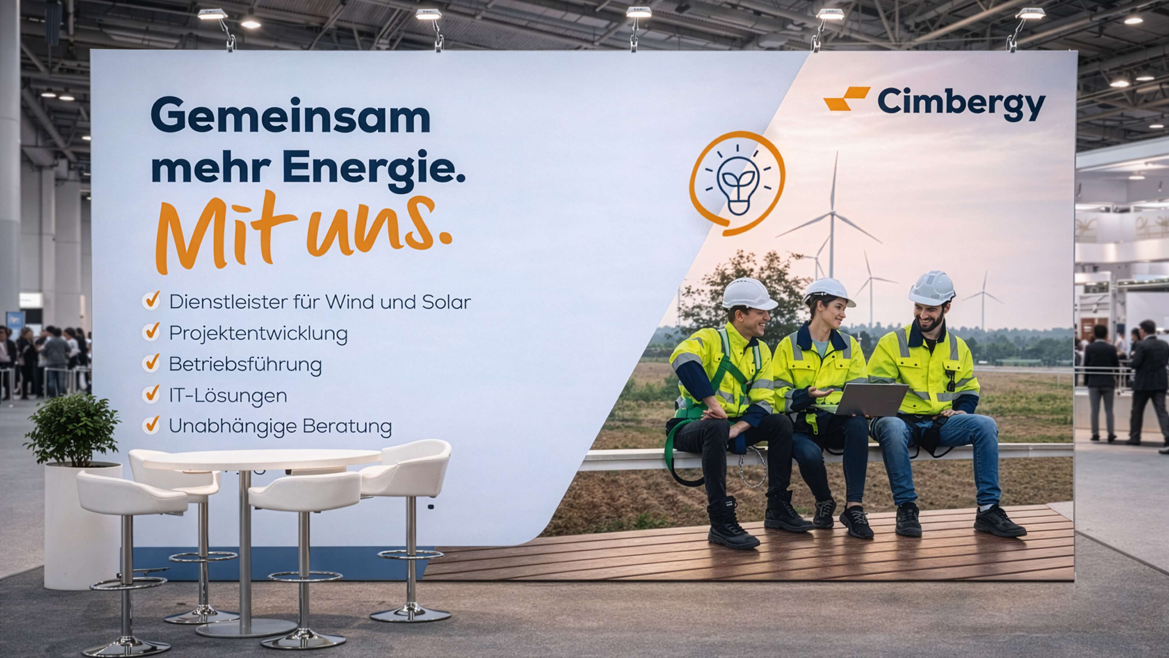 Ein Cimbergy Messestand mit einer gemütlichen Sitzecke