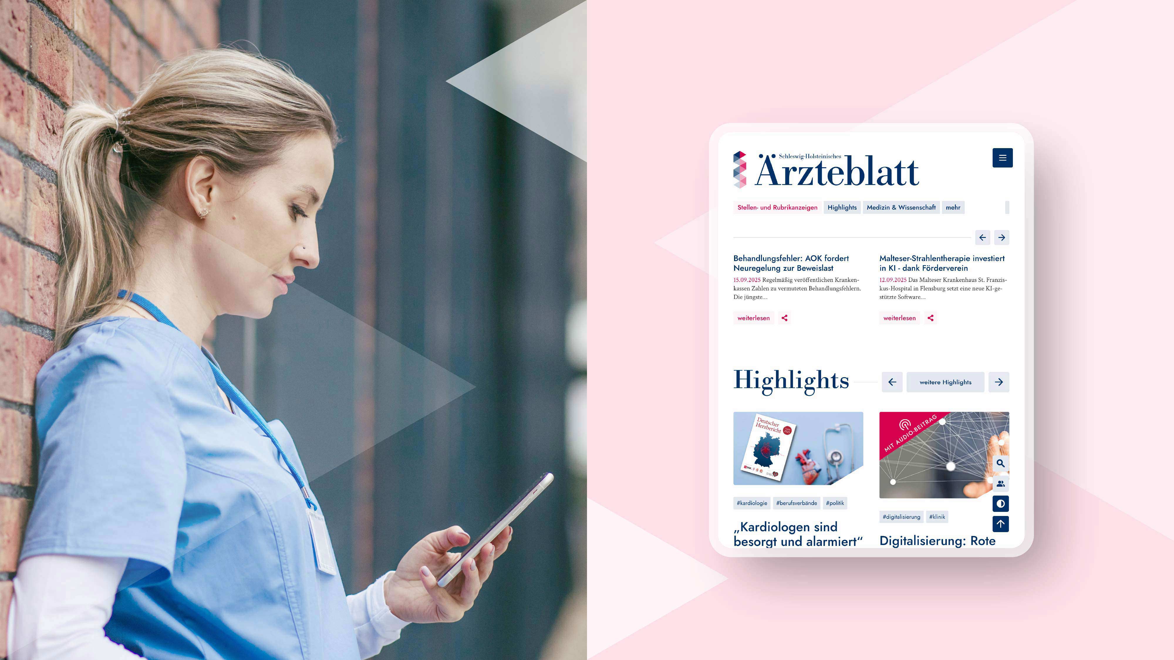 Zweigeteilte Grafik. Eine junge MFA in ihrer Pause und die mobile Ansicht der Webseite.