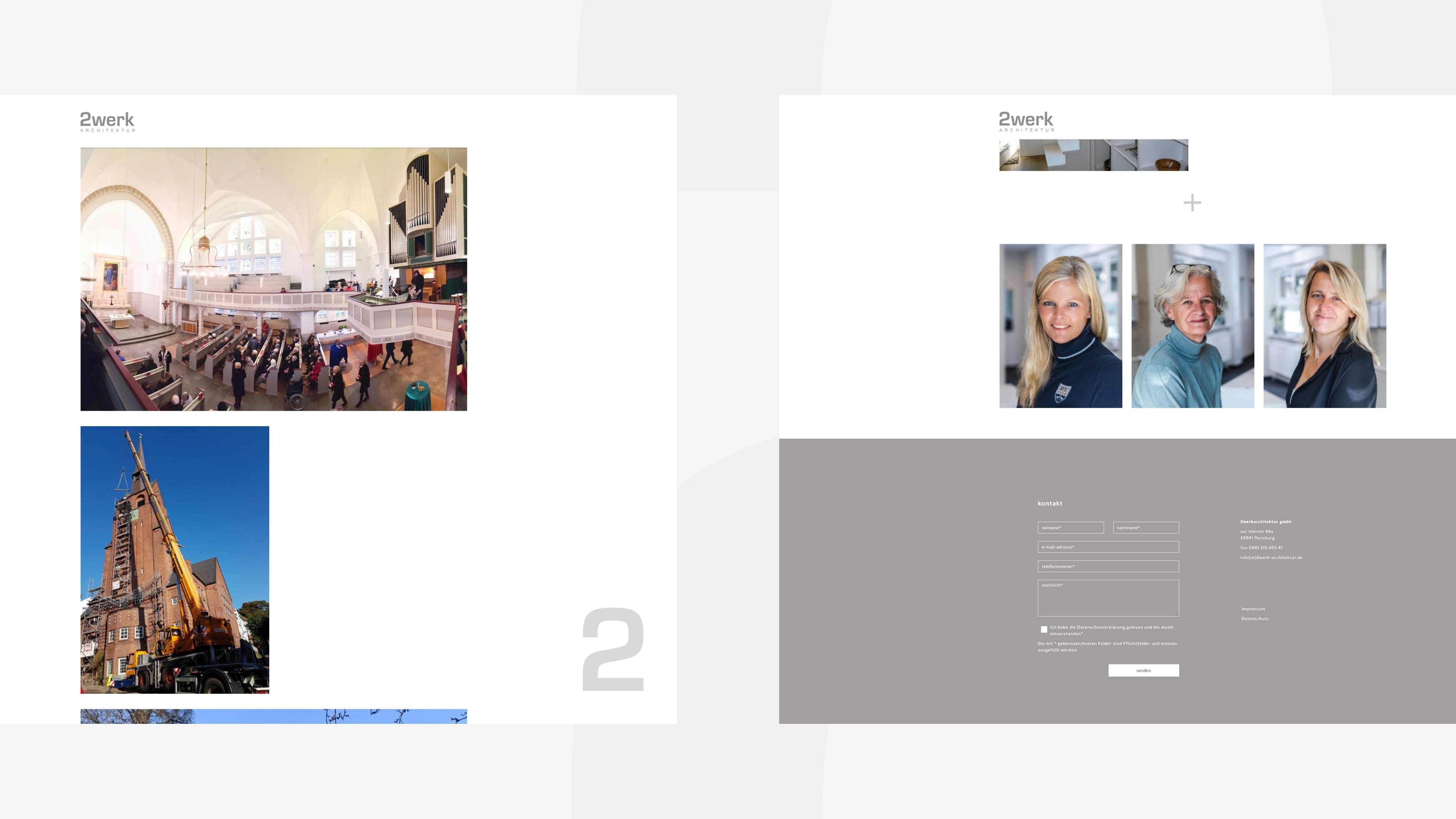 Zwei Screenshots der Website 2werk-architektur.de mit Fotos einer Kirche und von Geschäftsführerinnen sowie Text