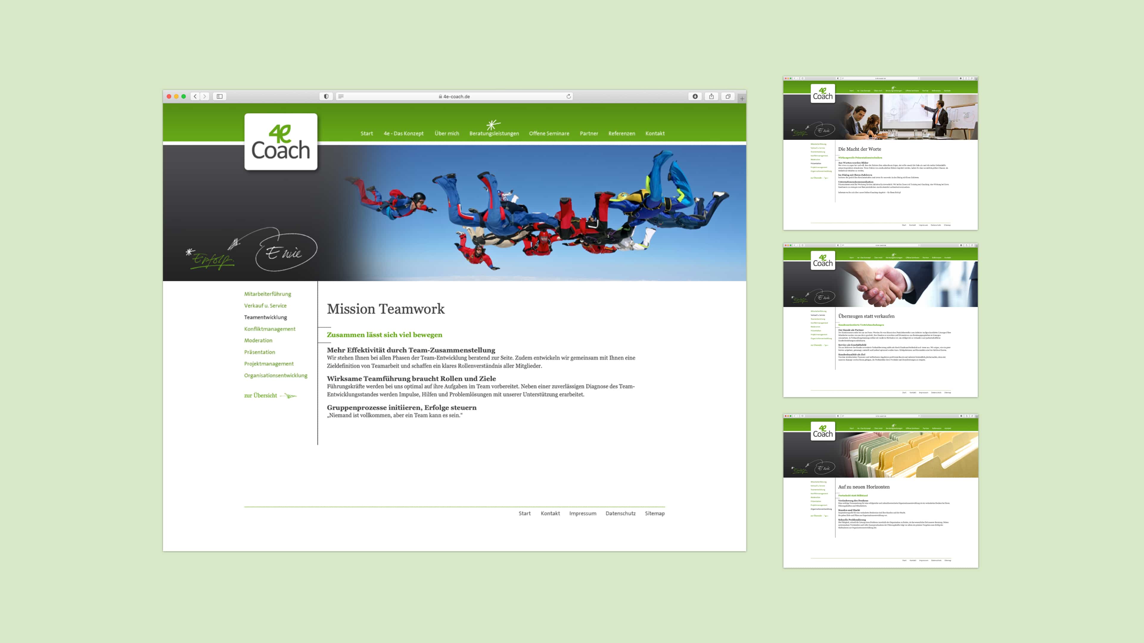 Collage vierer Screenshots der Website 4e-coach.de auf grünem Hintergrund