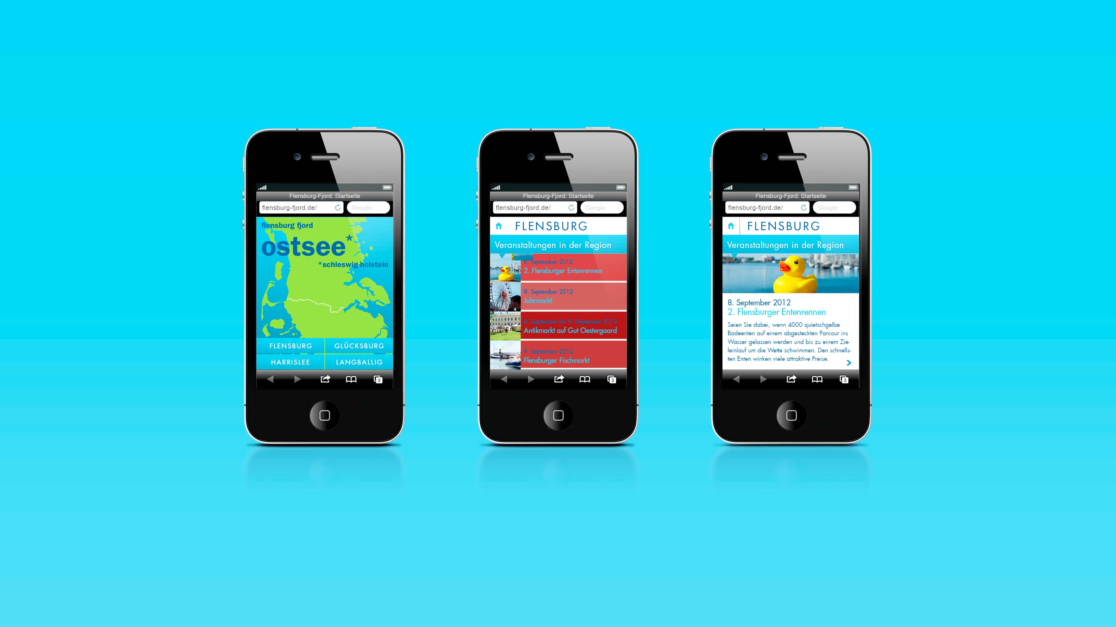 Drei Smartphones zeigen Veranstaltungen auf flensburg-fjord.de vor blauem Hintergrund