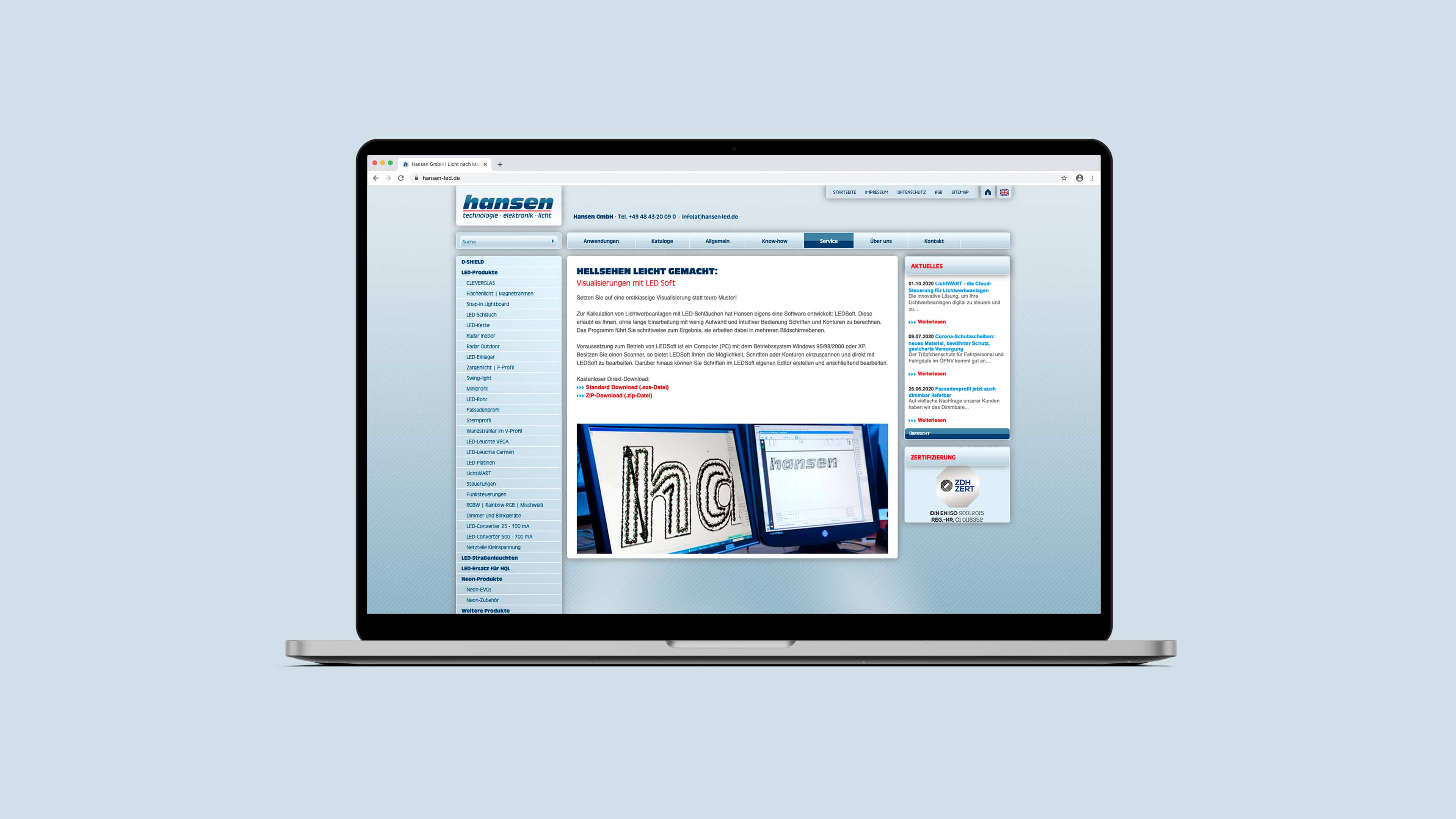 Homepage Startseite von Hansen in Desktop Ansicht