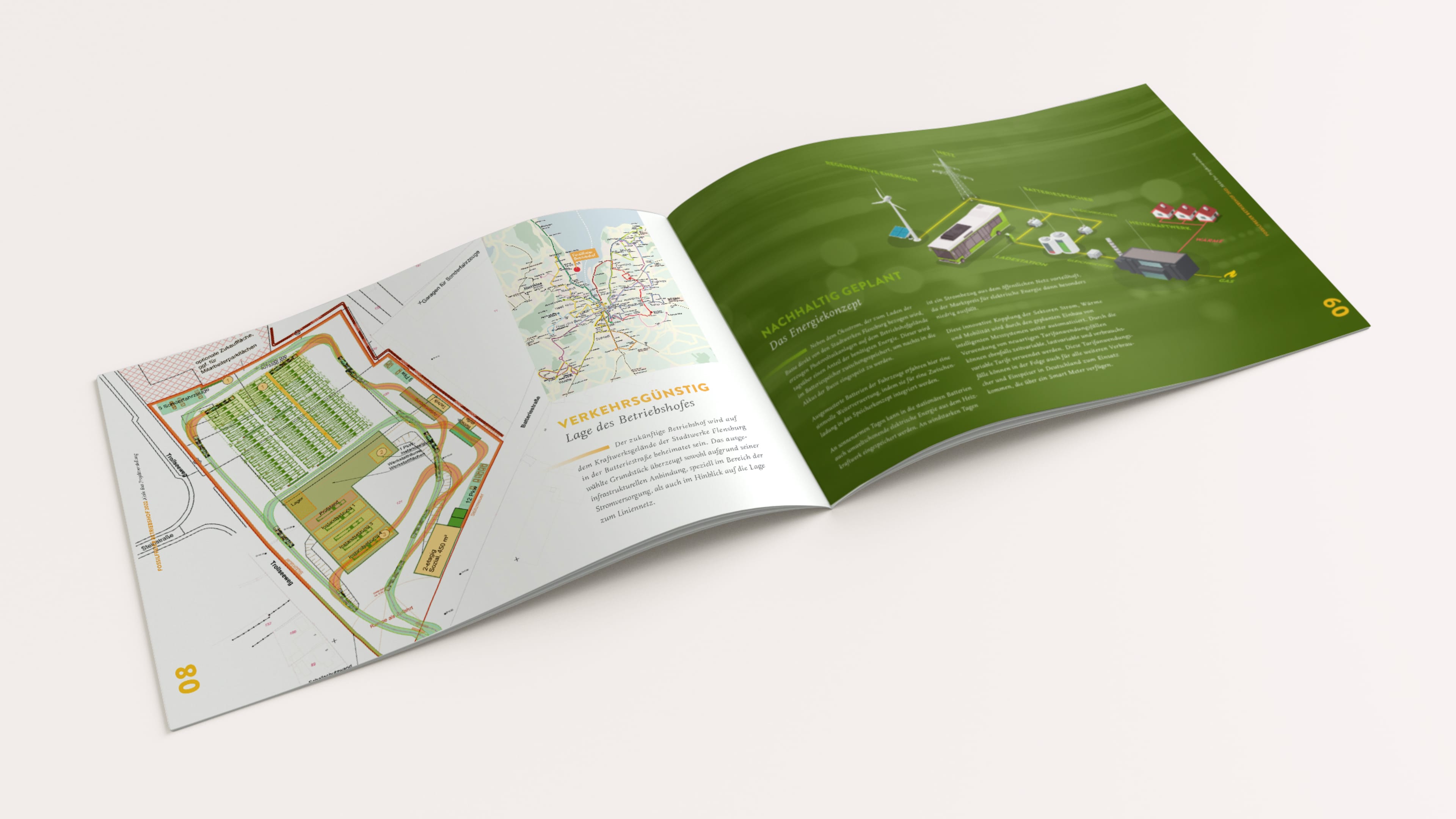Aufgeschlagene Broschüre für AktivBus zeigt Planung und Verortung des Betriebshofes