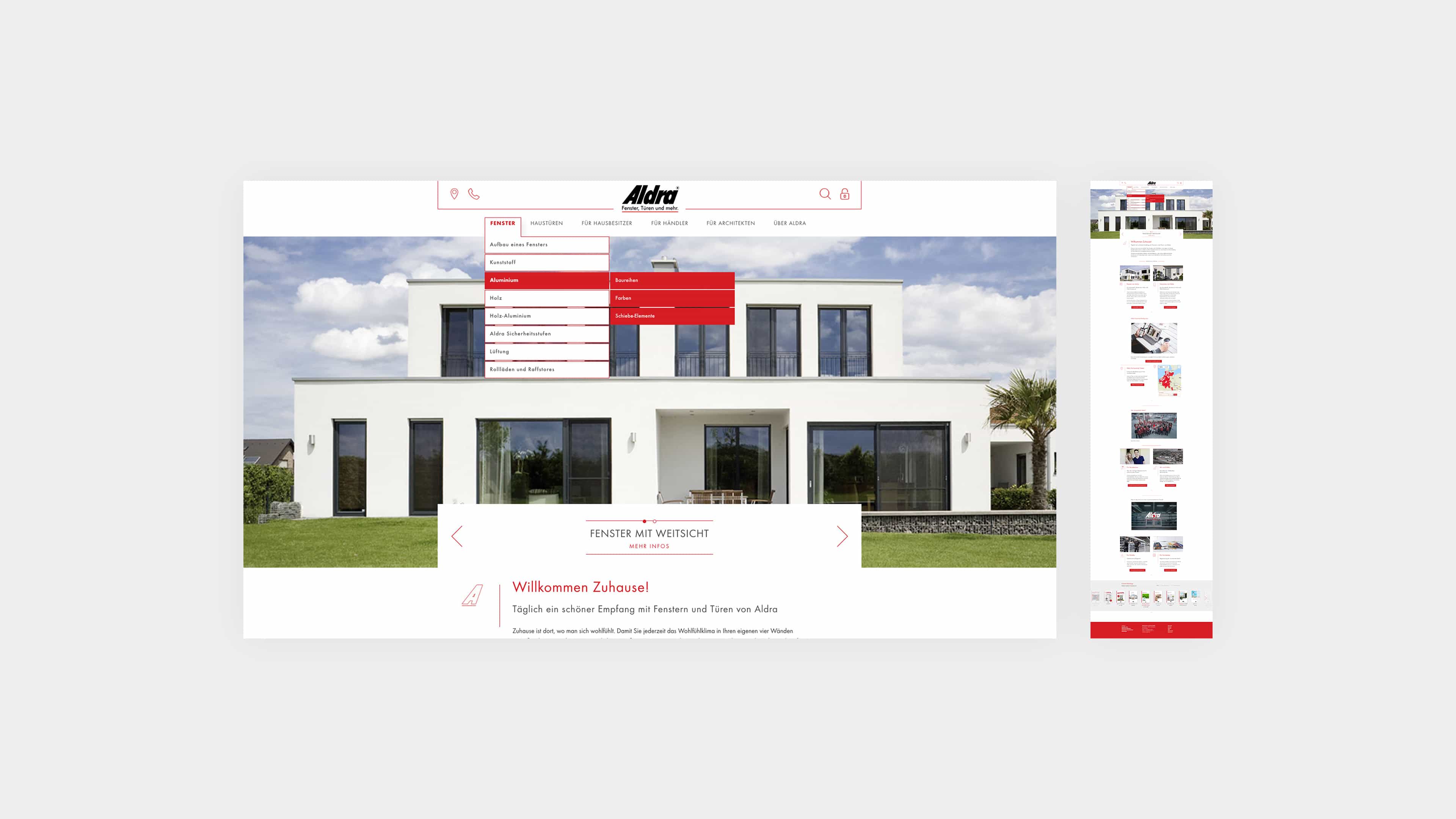 Screenshot zeigt Startseite und Menüaufbau der Website aldra.de 