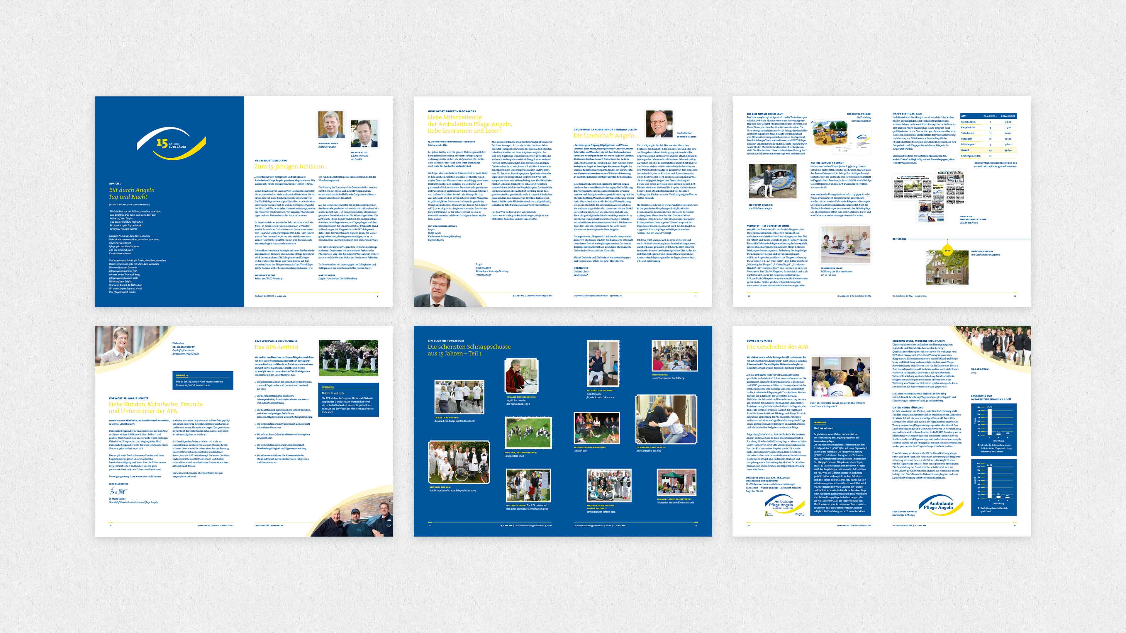 Collage von sechs Doppelseiten in der blau-weiß gehaltenen Jubiläumsbroschüre für die Ambulanten Pflege Angeln