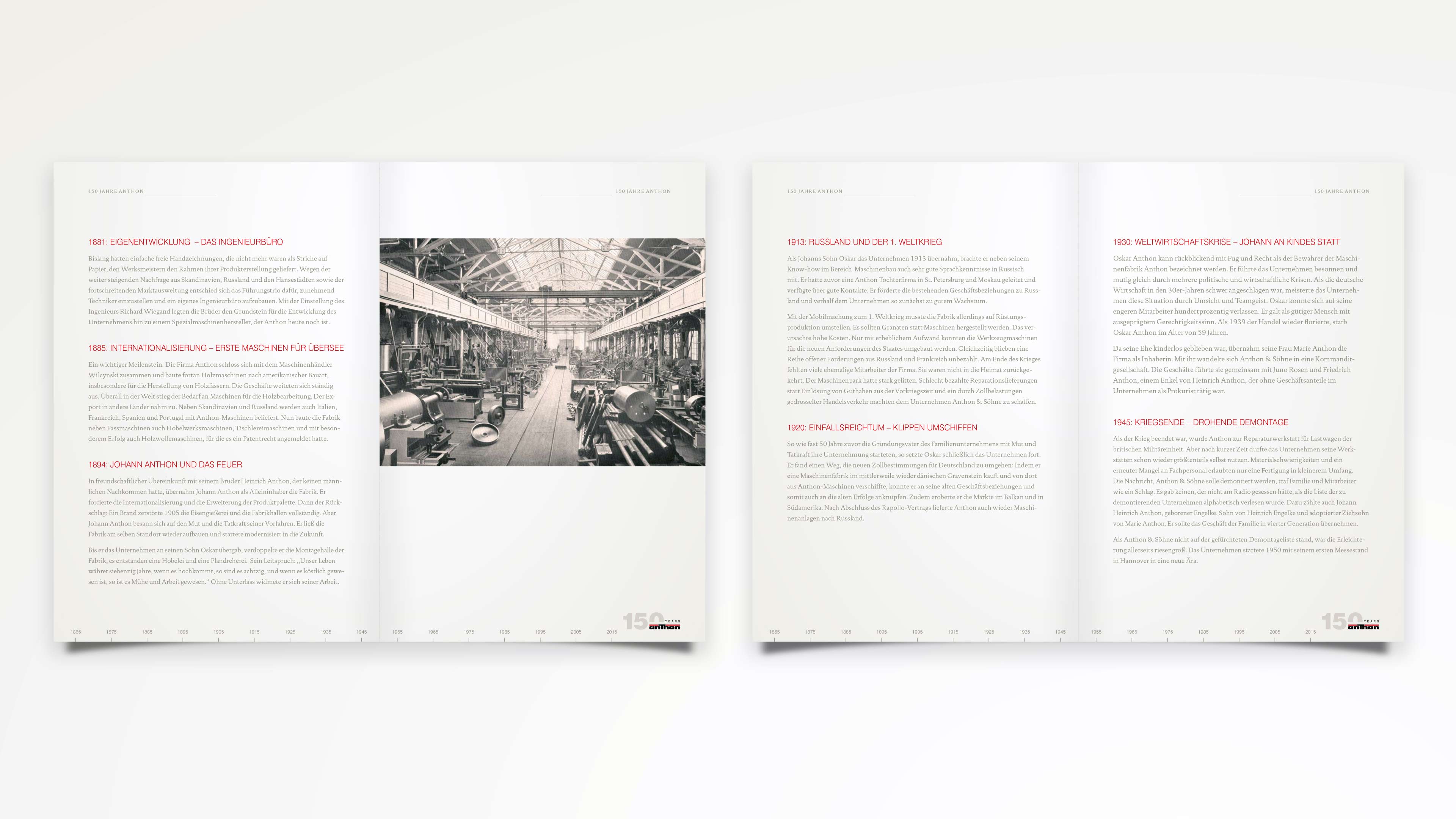 Zwei Doppelseiten des Jubiläumsbrandbooks für Anthon GmbH mit Texte über die Anfänge und Zeitstrahl