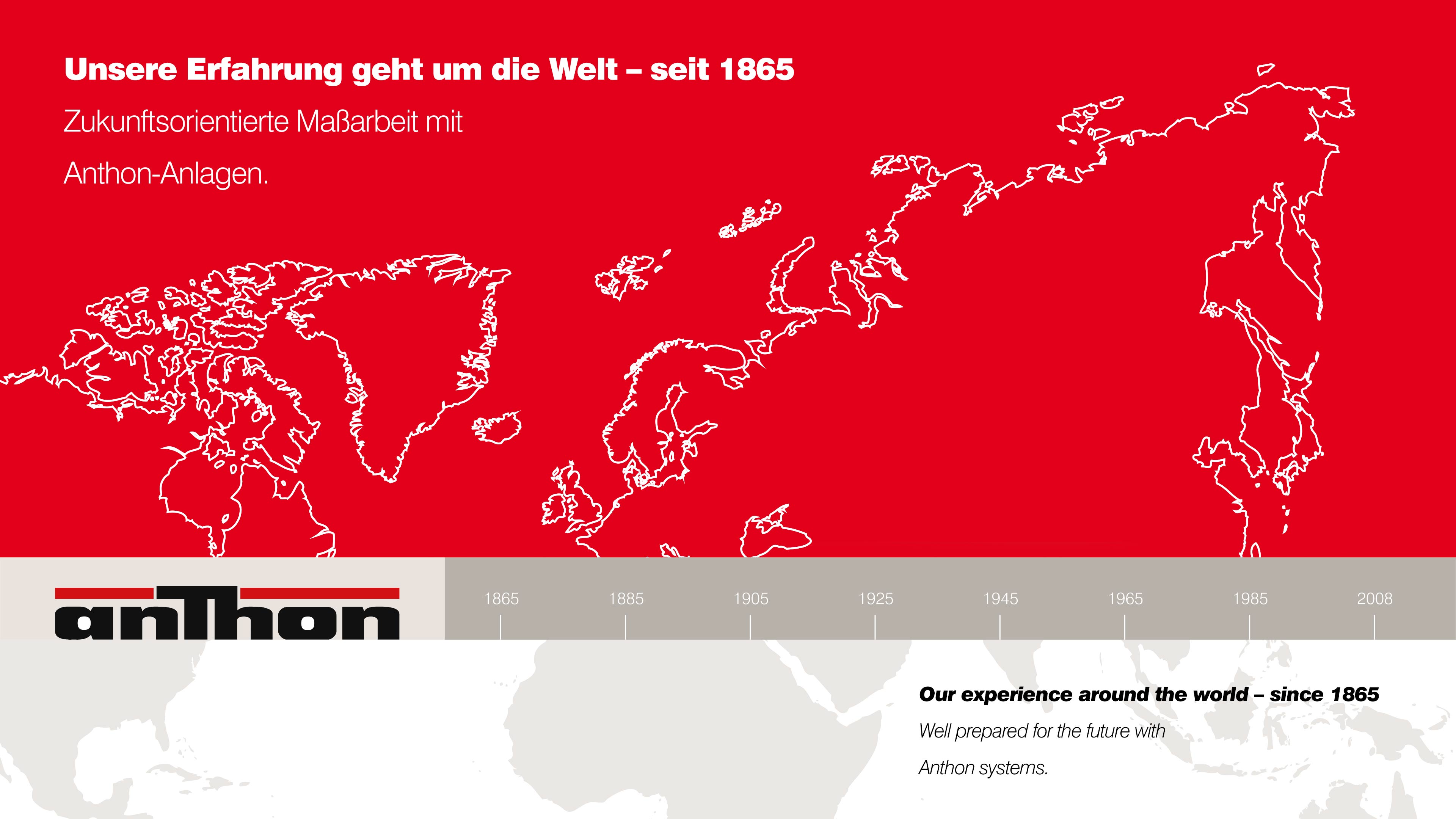 Weiße Umrisse der Weltkontinente auf rot, Zeitstrahl und Logo der anthon GmbH