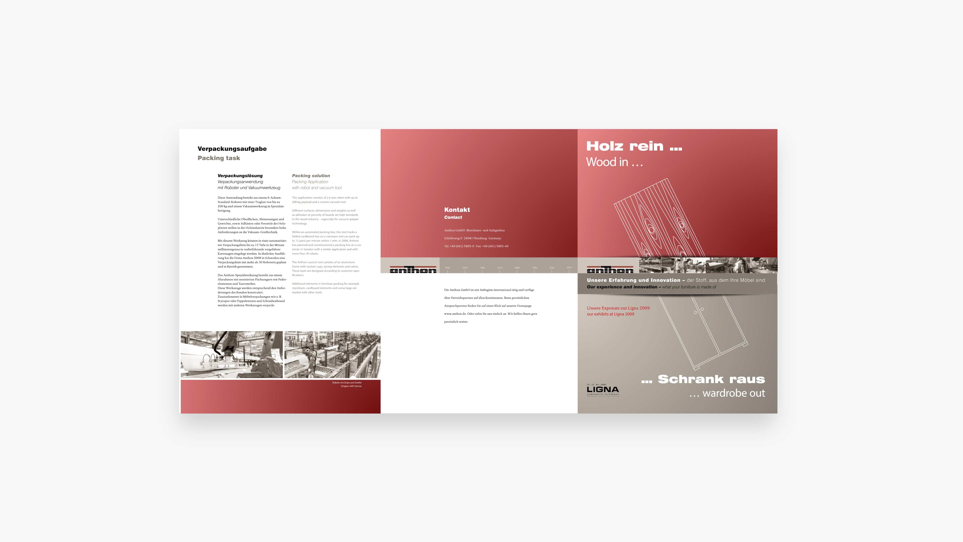 Aufgeschlagene Broschüre für die anthon GmbH in rot und beige