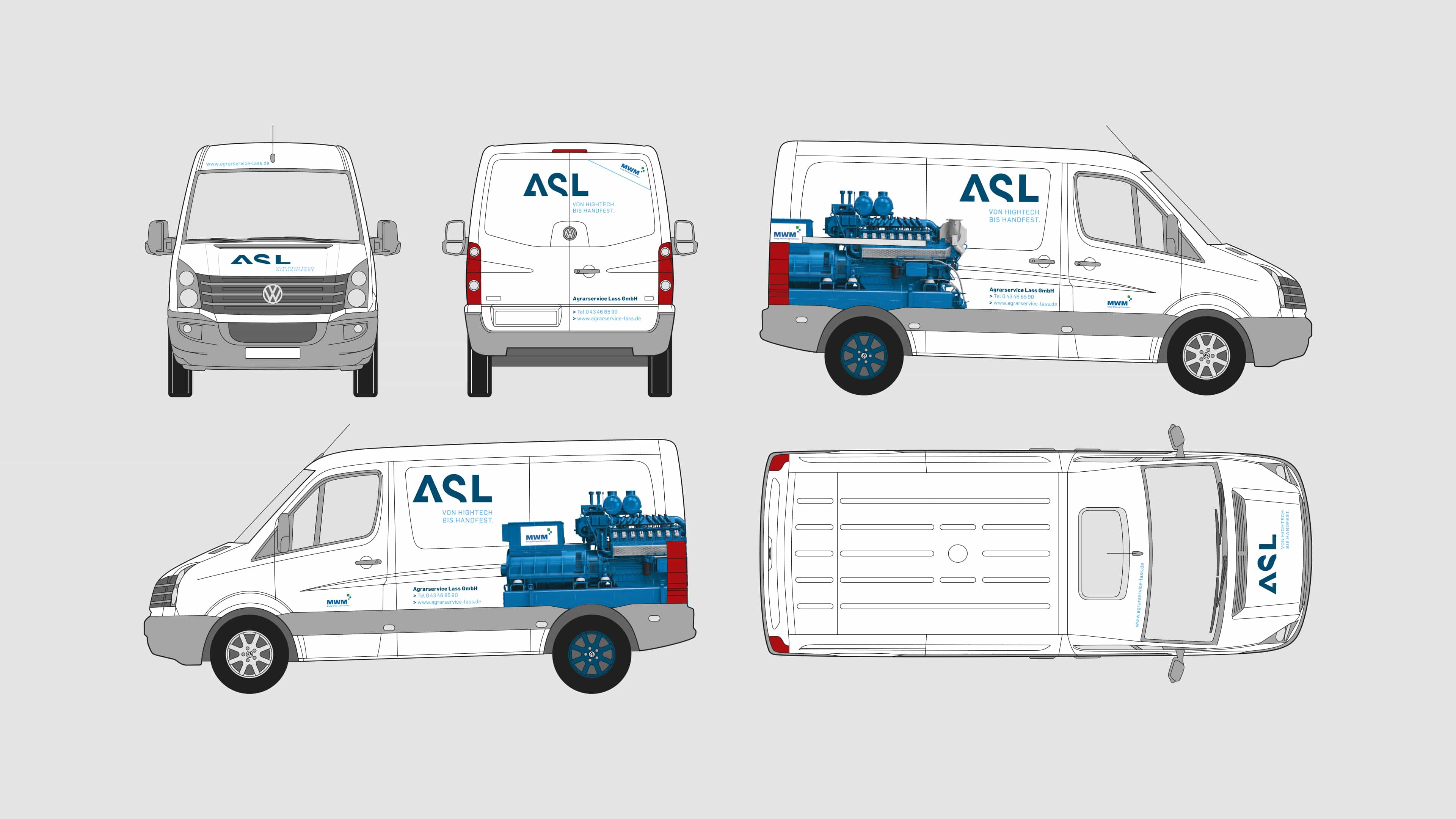 Alle Ansichten des weißen Transporters mit ASL-Logo und einem blauen MWM-Motor in Lebensgröße auf den Seitenflächen