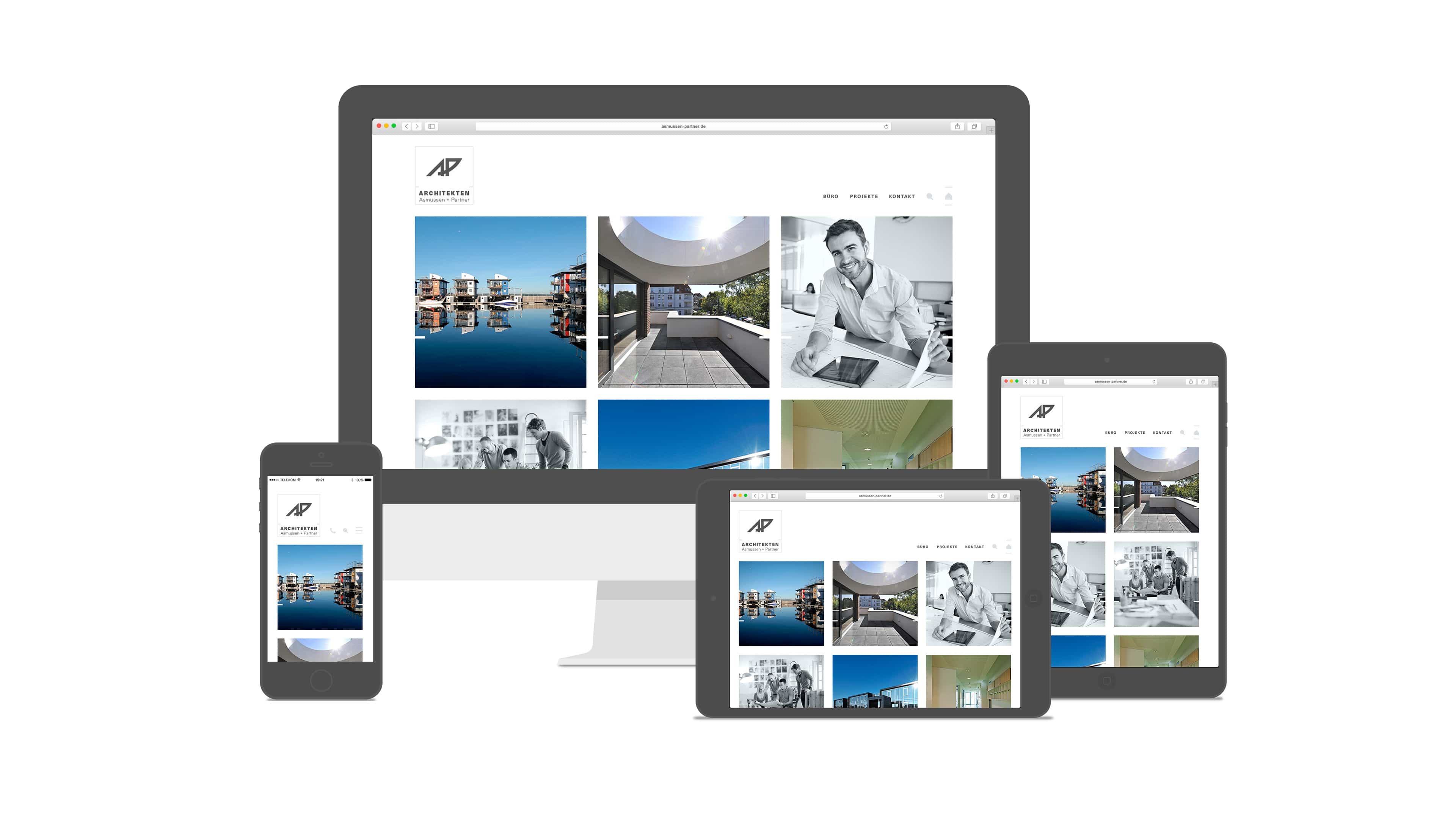 Collage mehrerer Endgeräte, die Website von asmussen-partner.de zeigen