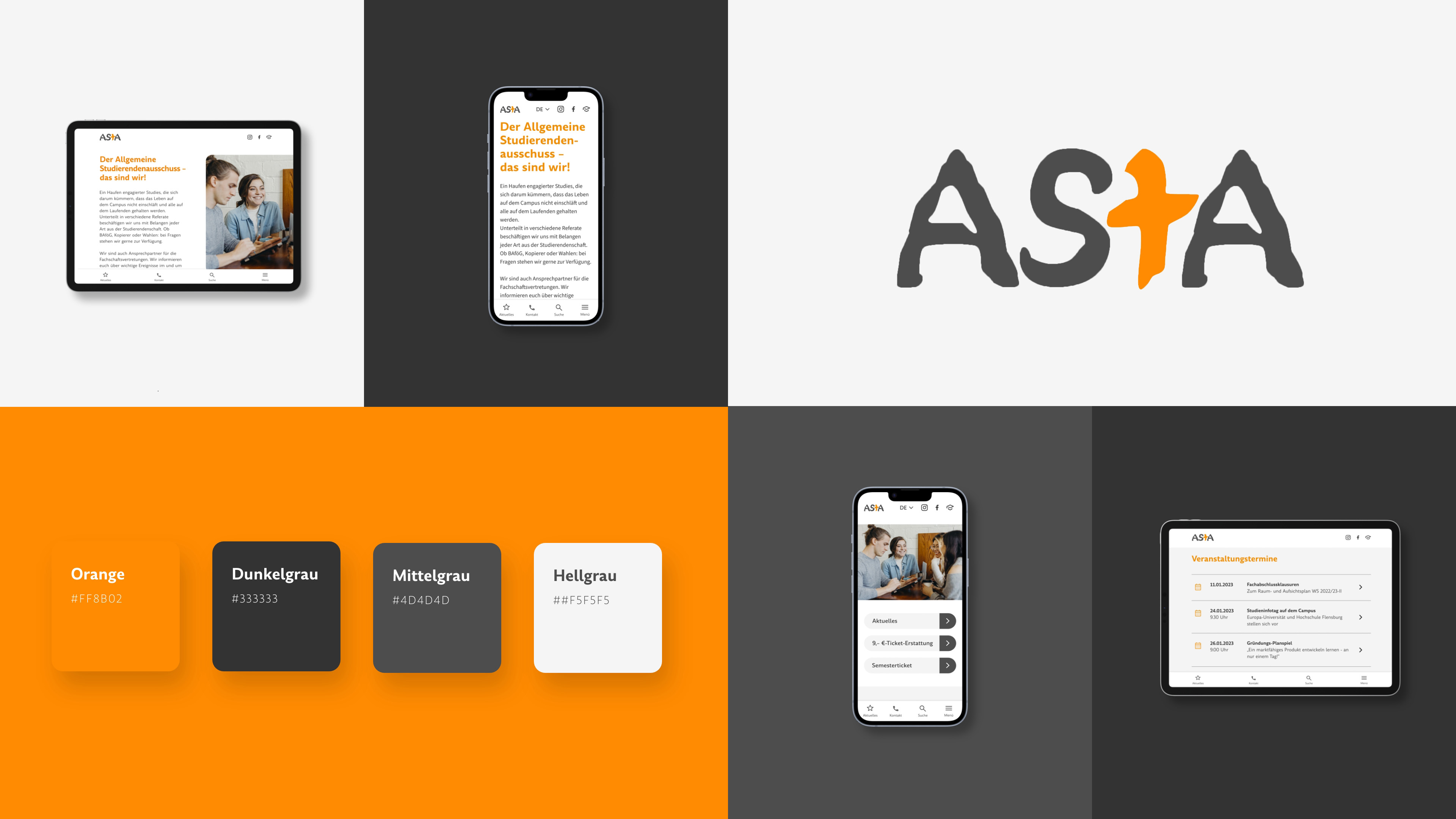 Header: Asta-Logo, Farbschema und Einblicke in die neue Website
