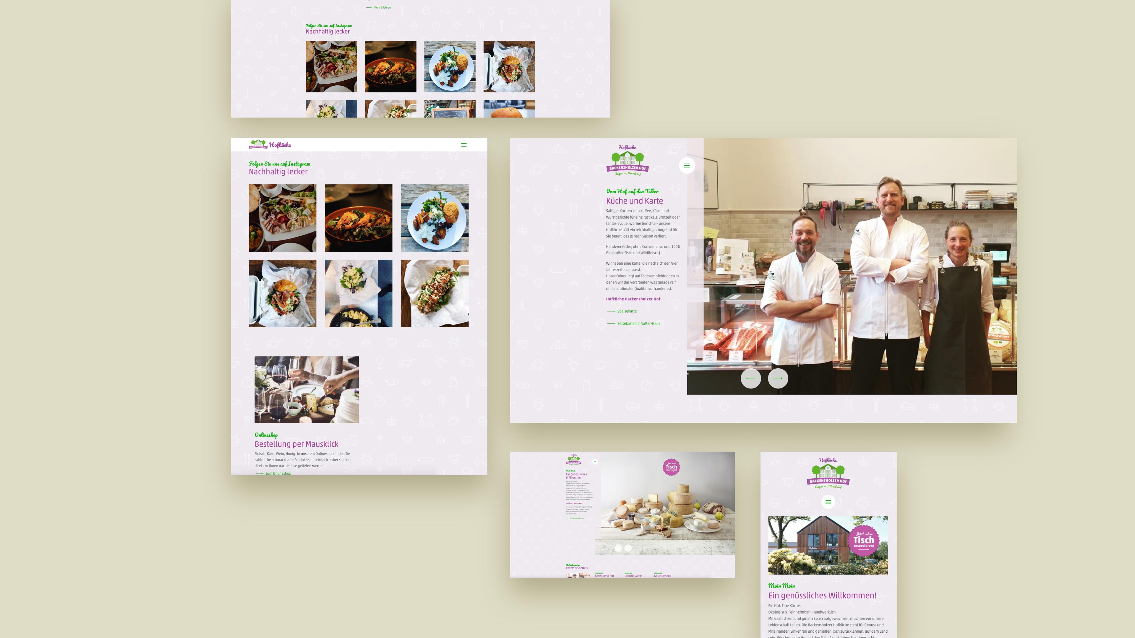 Collage mehrerer Screenshots der Website der Hofküche mit vielen Fotos von Gerichten und Käse