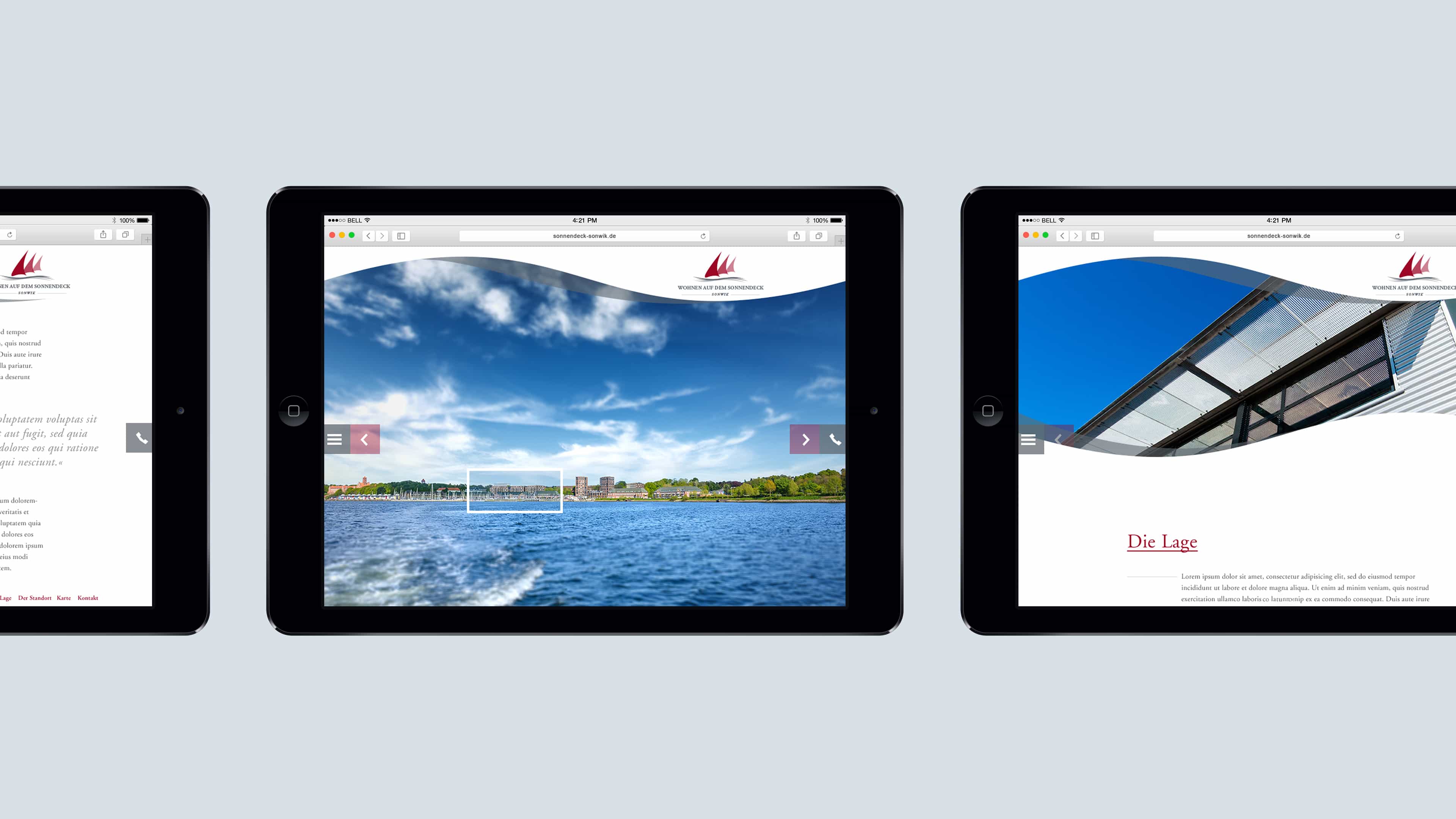 Drei Tablets quer mit Screenshots der Seite sonnendeck-sonwik.de