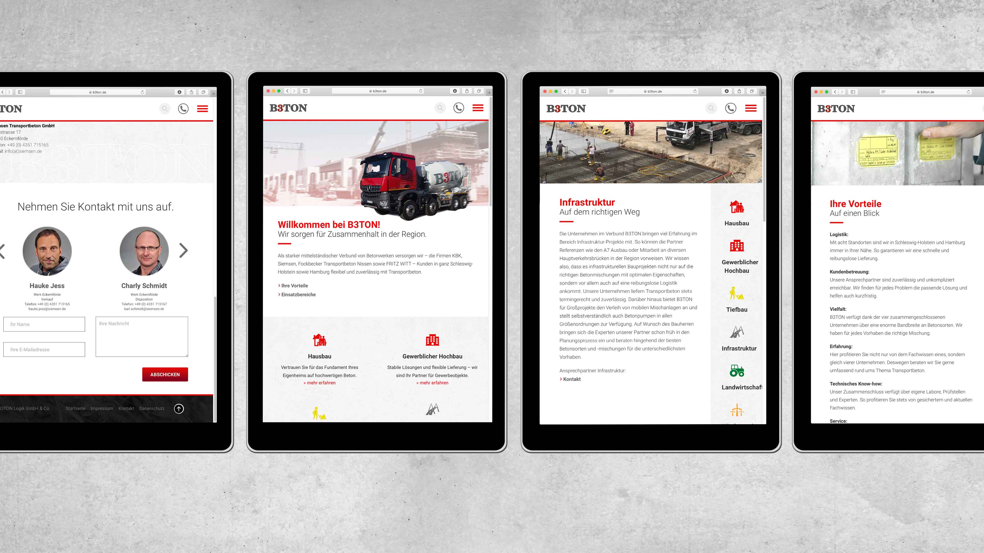 Vier Tablets zeigt verschiedene Screenshots der Website b3ton.de