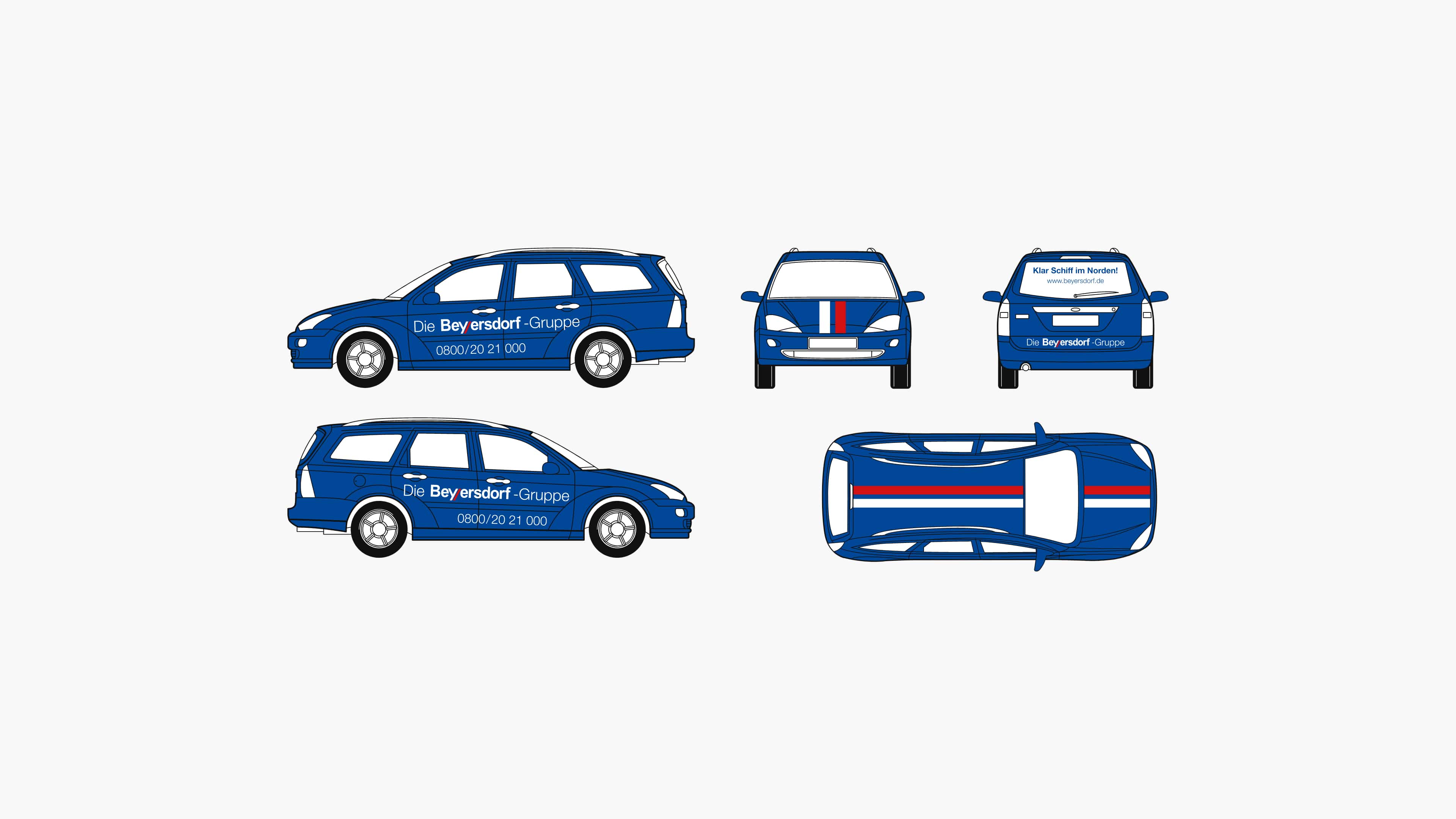 Visualisierung der Beyersdorf-Fahrzeugbeschriftung auf einem blauen PKW